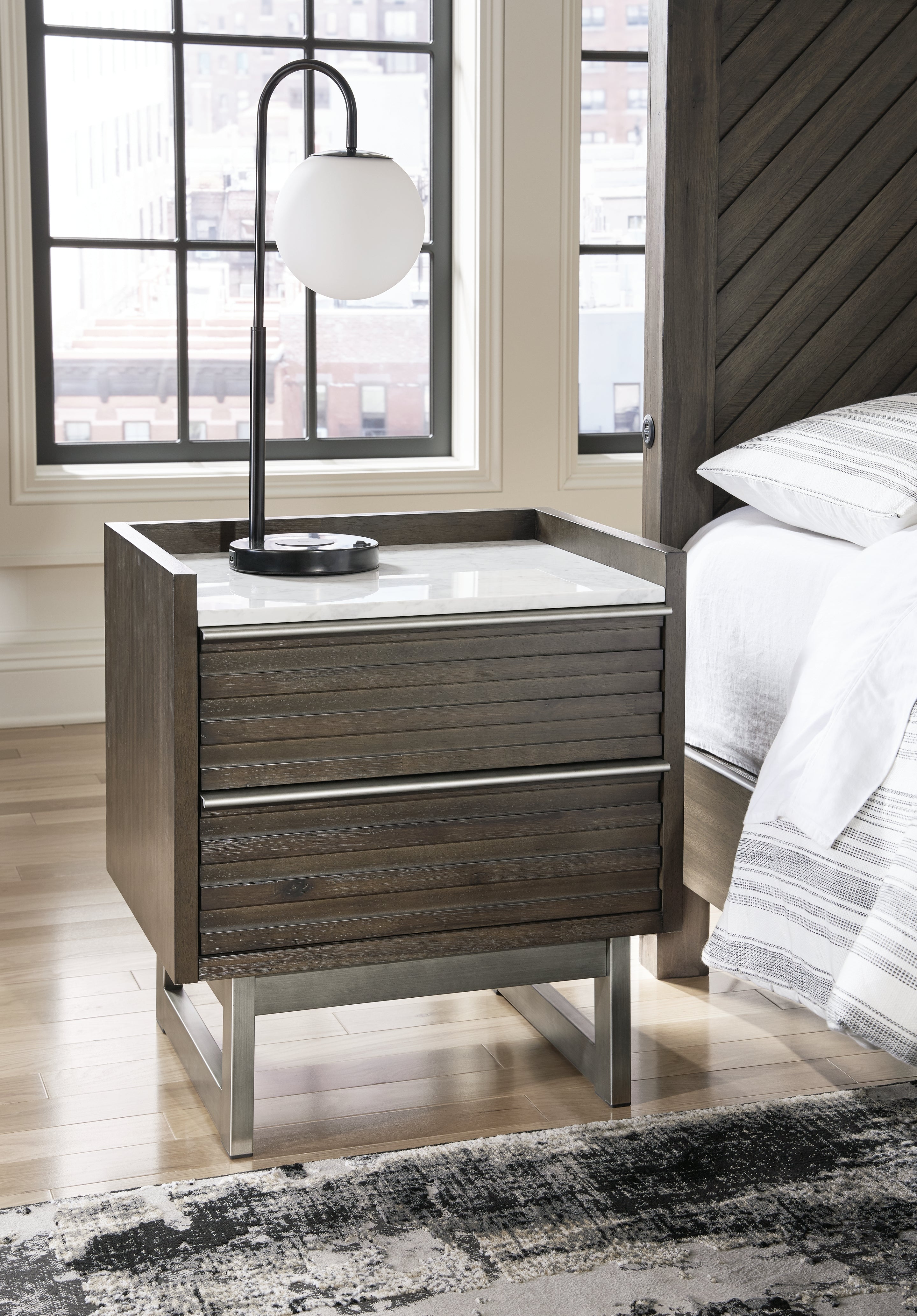 Tampa Furniture Outlet Lutz - Ashley Furniture - Arkenton Bedroom - Two Drawer Night Stand / Grayish Brown/White - B786-92