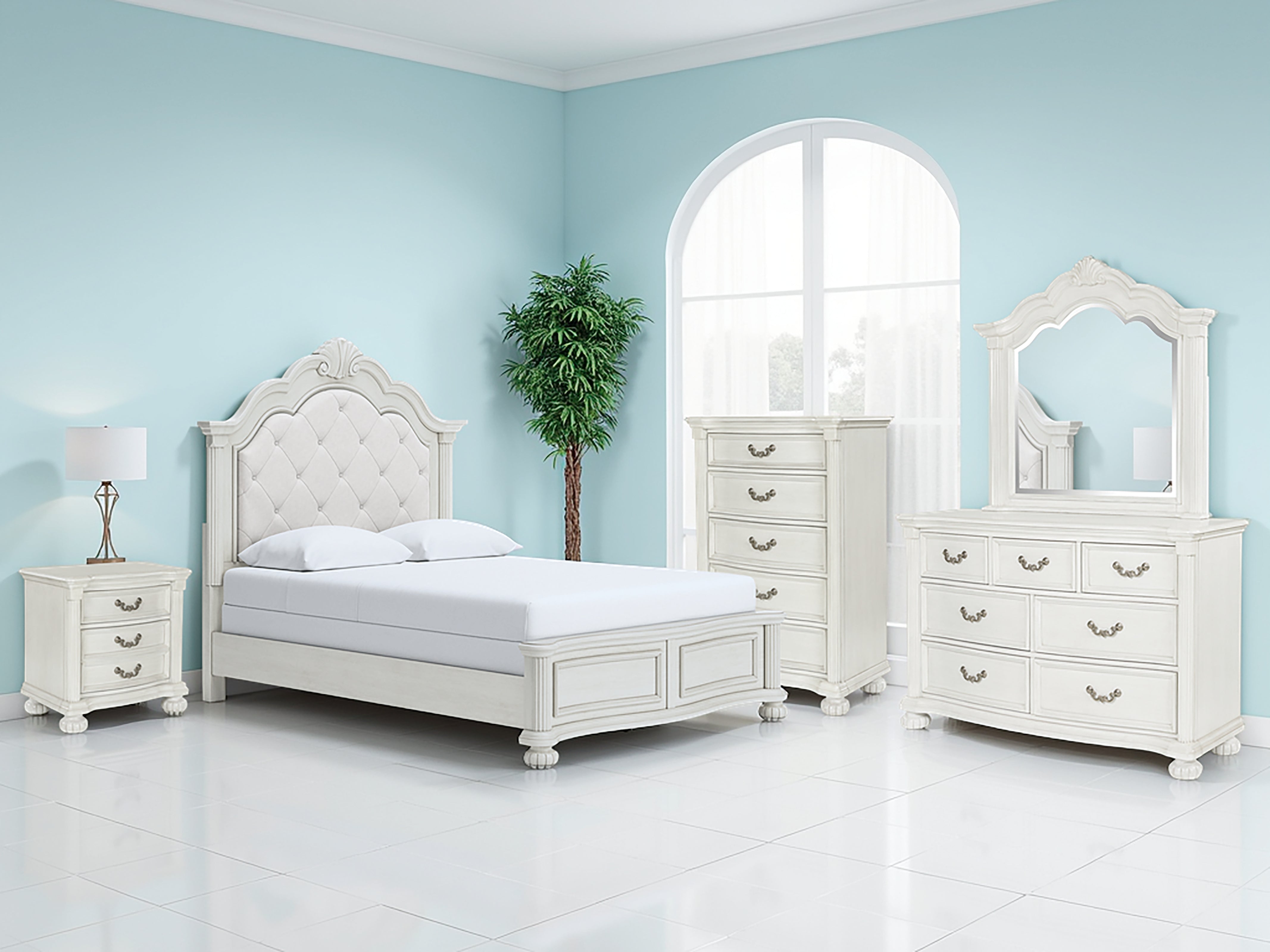 Tampa Furniture Outlet Lutz - Ashley Furniture - Montelaine Bedroom - Queen Upholstered Panel Bed / Antique White - B795B2