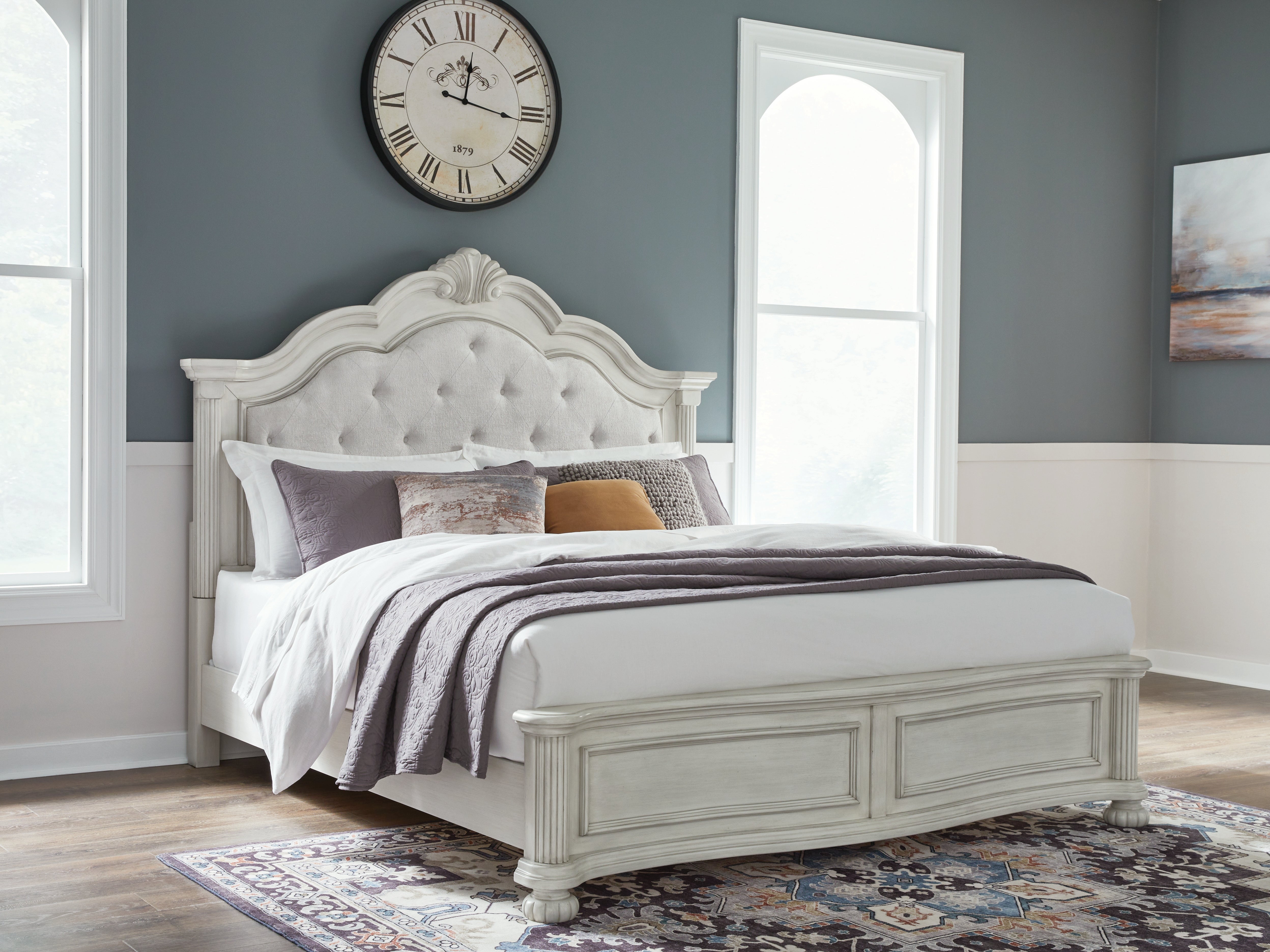 Tampa Furniture Outlet Lutz - Ashley Furniture - Montelaine Bedroom - King Upholstered Panel Bed / Antique White - B795B6