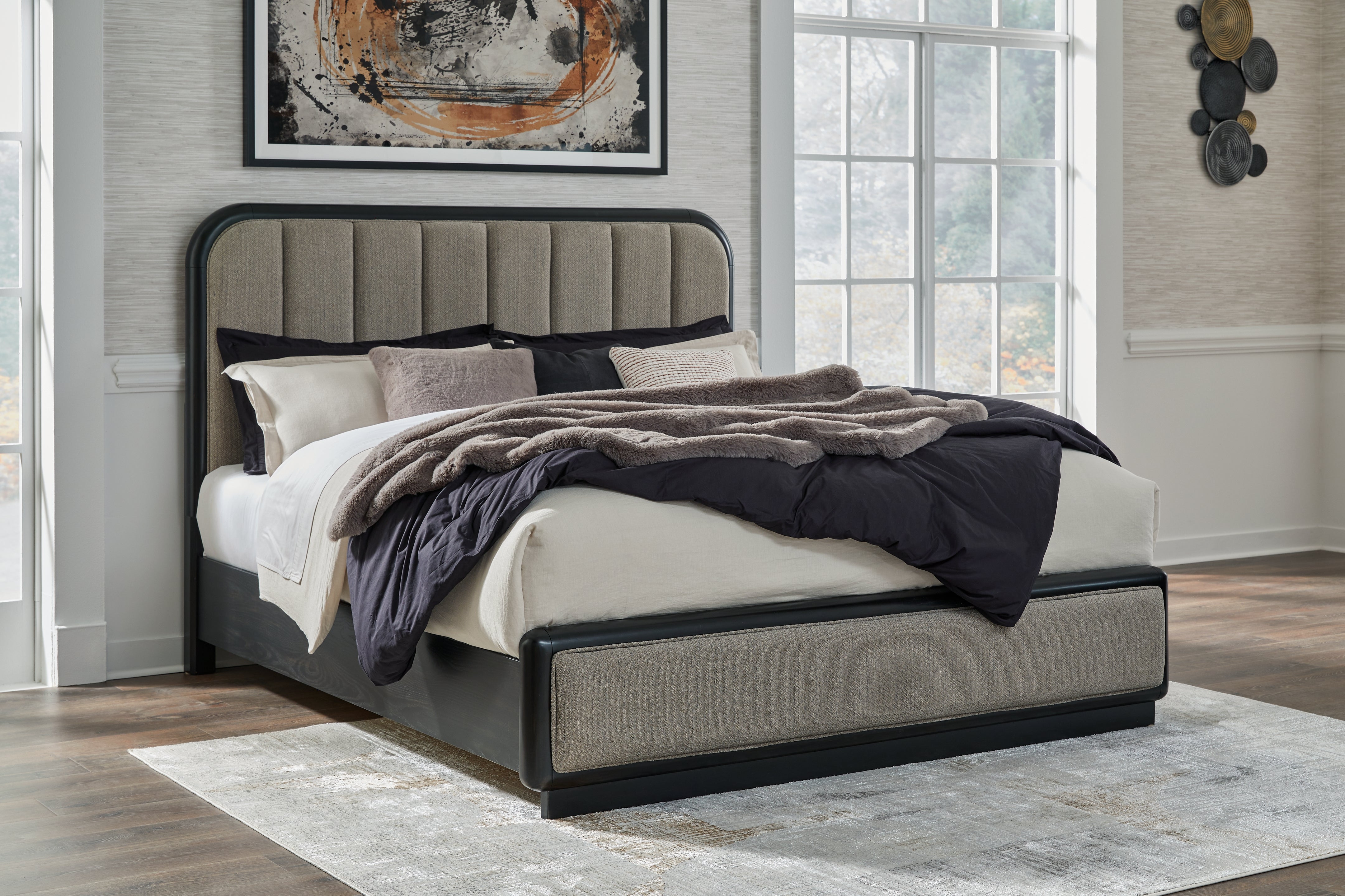 Tampa Furniture Outlet Lutz - Ashley Furniture - Rowanbeck Bedroom - King Upholstered Panel Bed / Gray/Black - B821B4