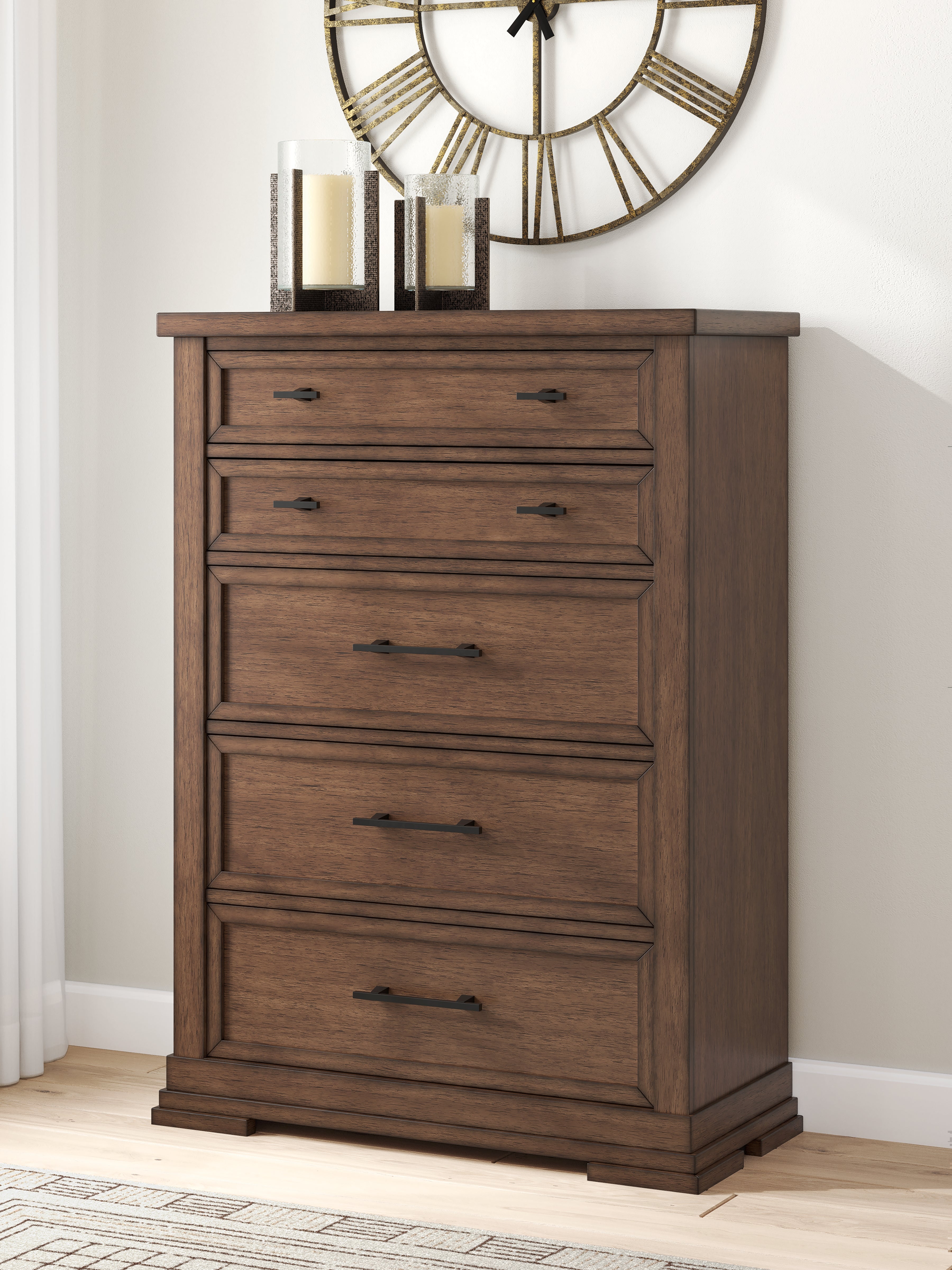 Tampa Furniture Outlet Lutz - Ashley Furniture - Taffenbrook Bedroom - Five Drawer Chest / Medium Brown - B849-46