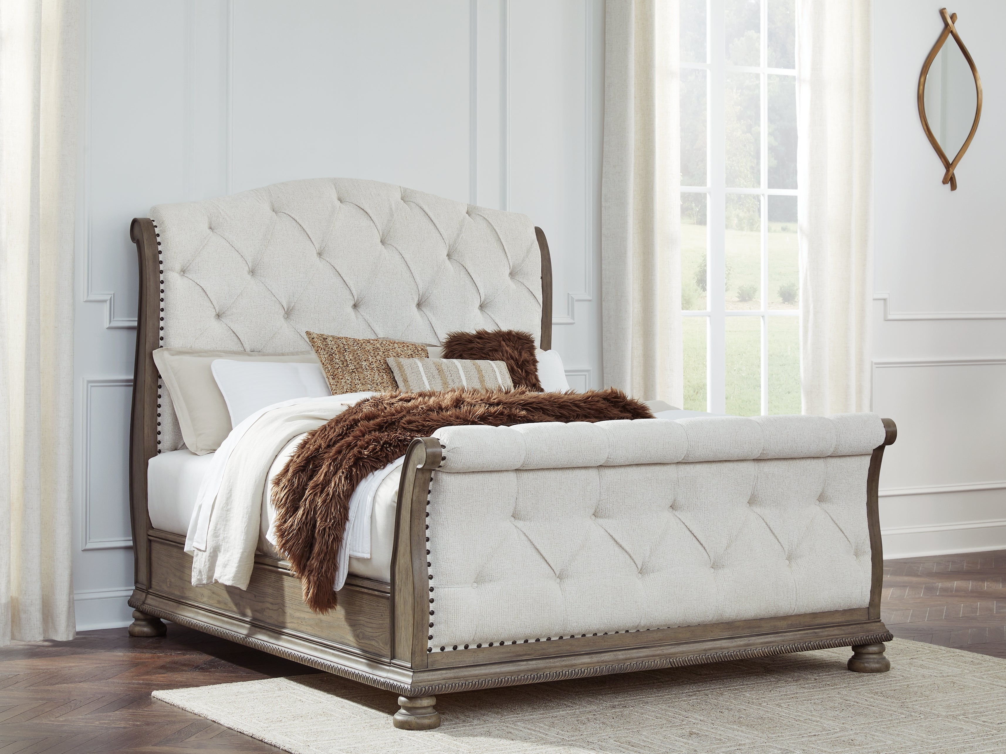 Tampa Furniture Outlet Lutz - Ashley Furniture - Ardenfield Bedroom - Queen Upholstered Sleigh Bed / Light Brown - B944B2