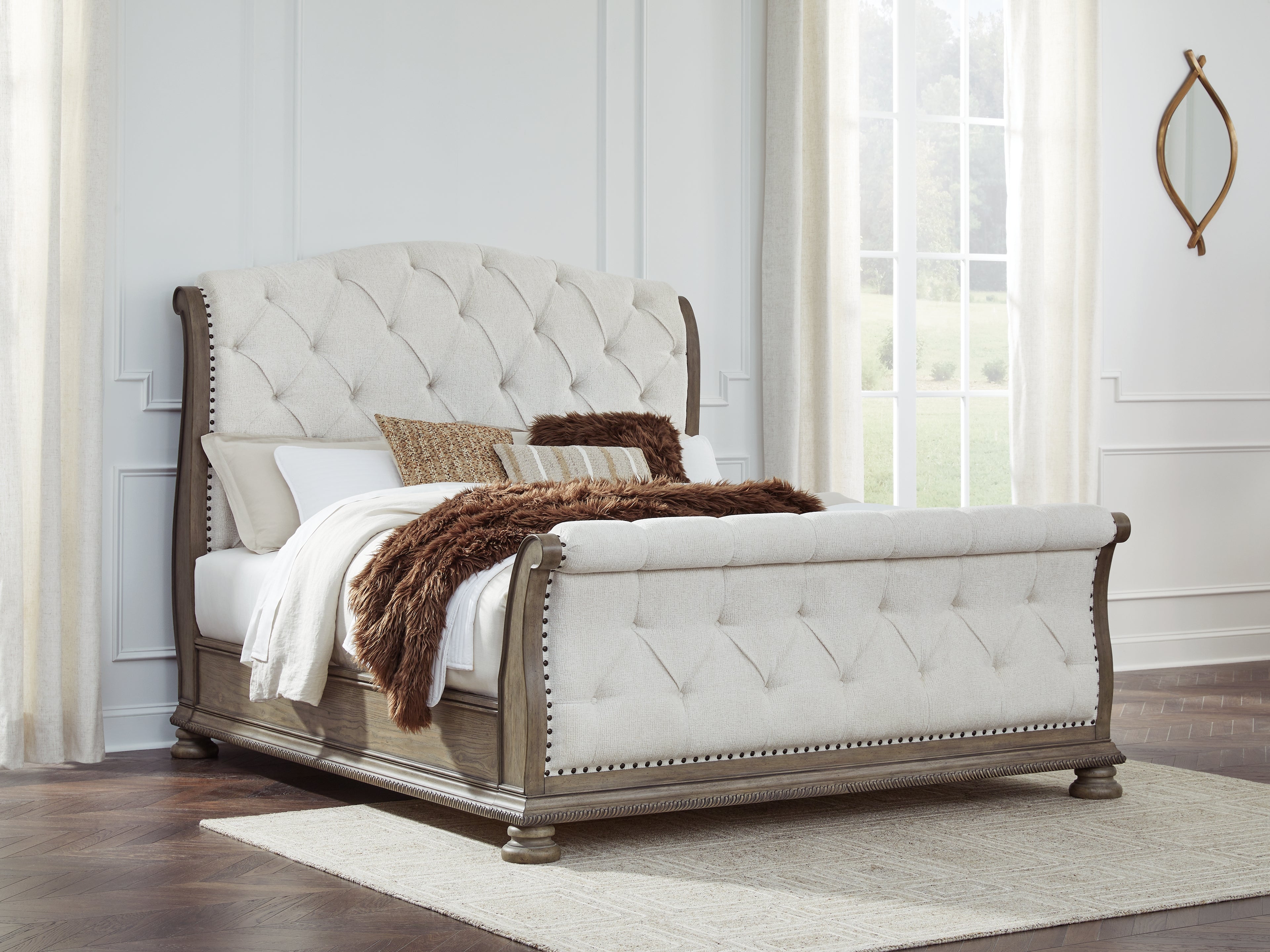Tampa Furniture Outlet Lutz - Ashley Furniture - Ardenfield Bedroom - King Upholstered Sleigh Bed / Light Brown - B944B4