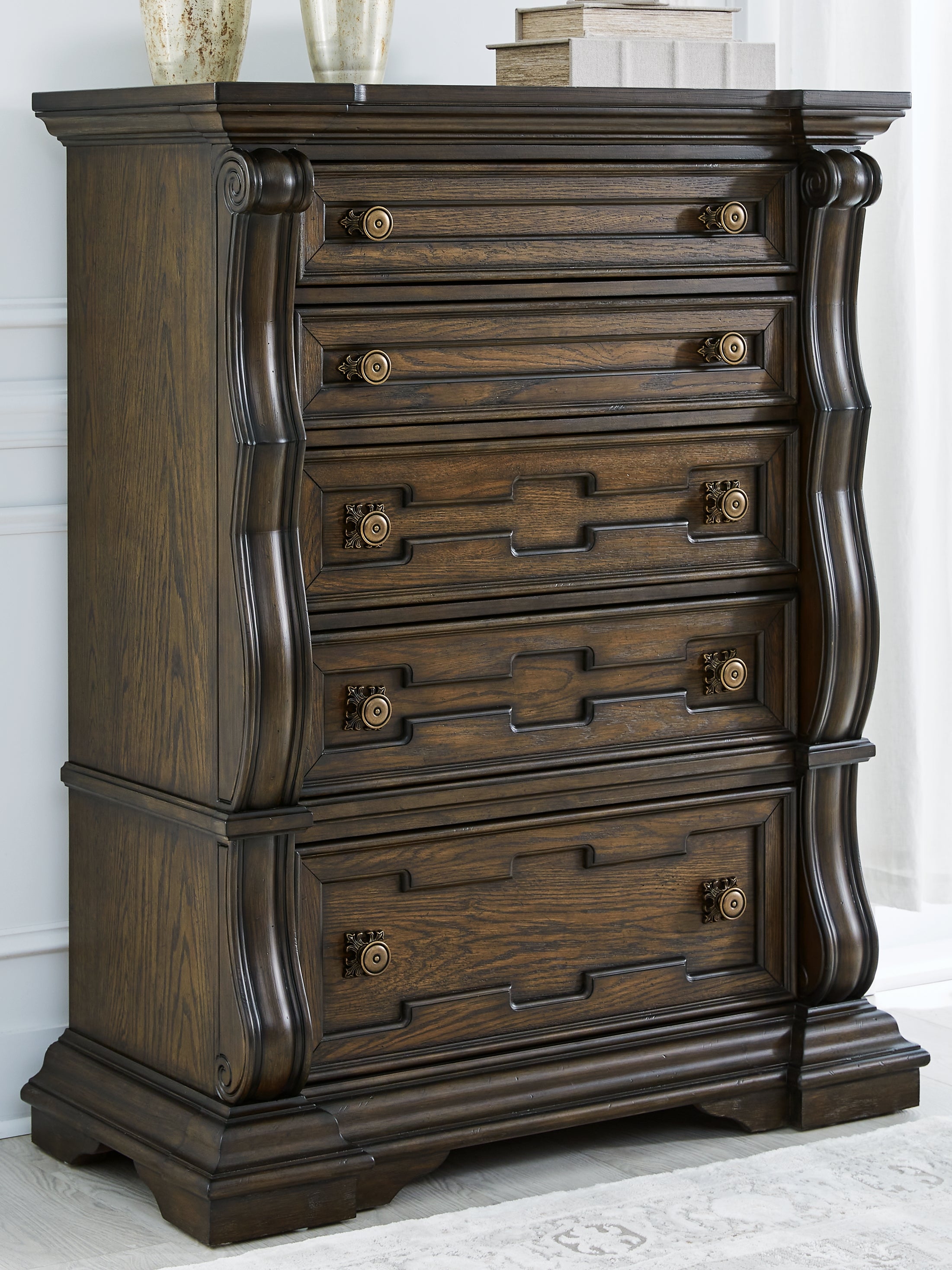 Tampa Furniture Outlet Lutz - Ashley Furniture - Maylee Bedroom - Five Drawer Chest / Dark Brown - B947-46