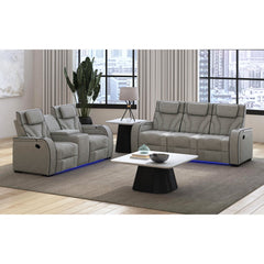 Blitz Motion Loveseat with Console, and LED in Simba Taupe and Black Welt