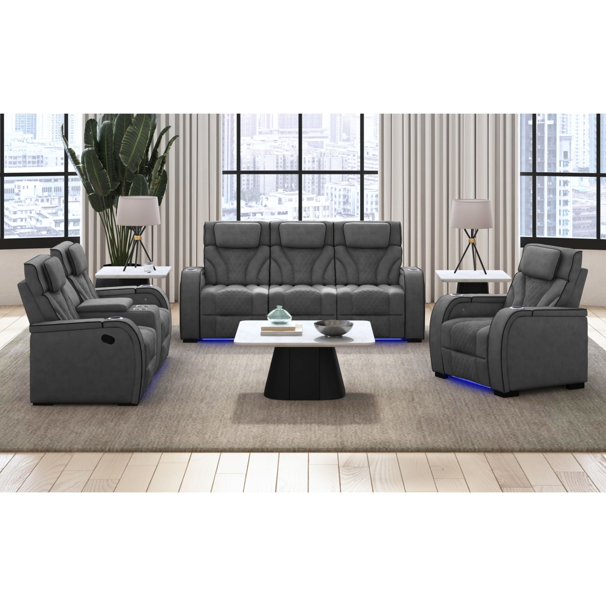 Blitz Motion Recliner with LED in Simba Slate and Black Welt – SKU U-19190-11108-105 | Elements