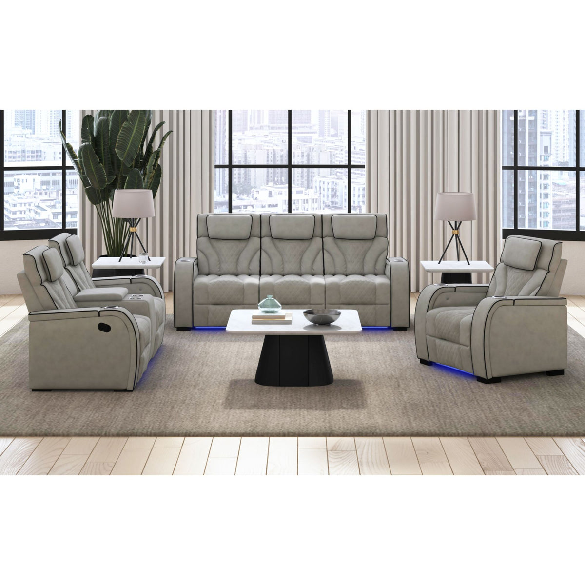 Blitz Motion Recliner with LED in Simba Taupe and Black Welt – SKU U-19190-11107-105 | Elements