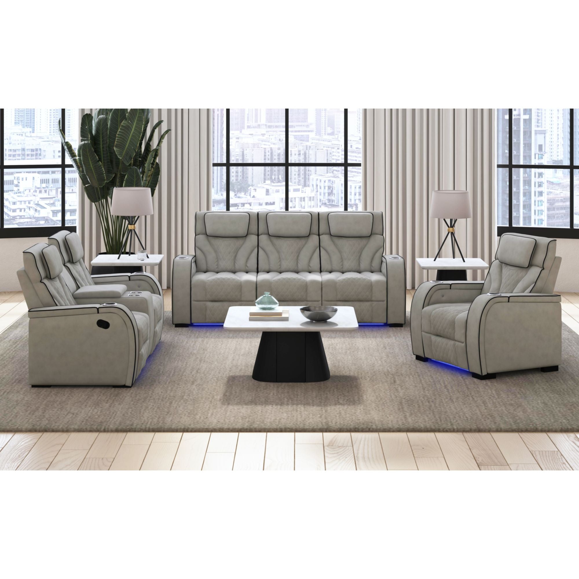 Blitz Motion Loveseat with Console, and LED in Simba Taupe and Black Welt – SKU U-19190-11107-285 | Elements