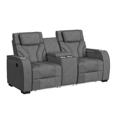 Blitz Motion Loveseat with Console, and LED in Simba Slate and Black Welt