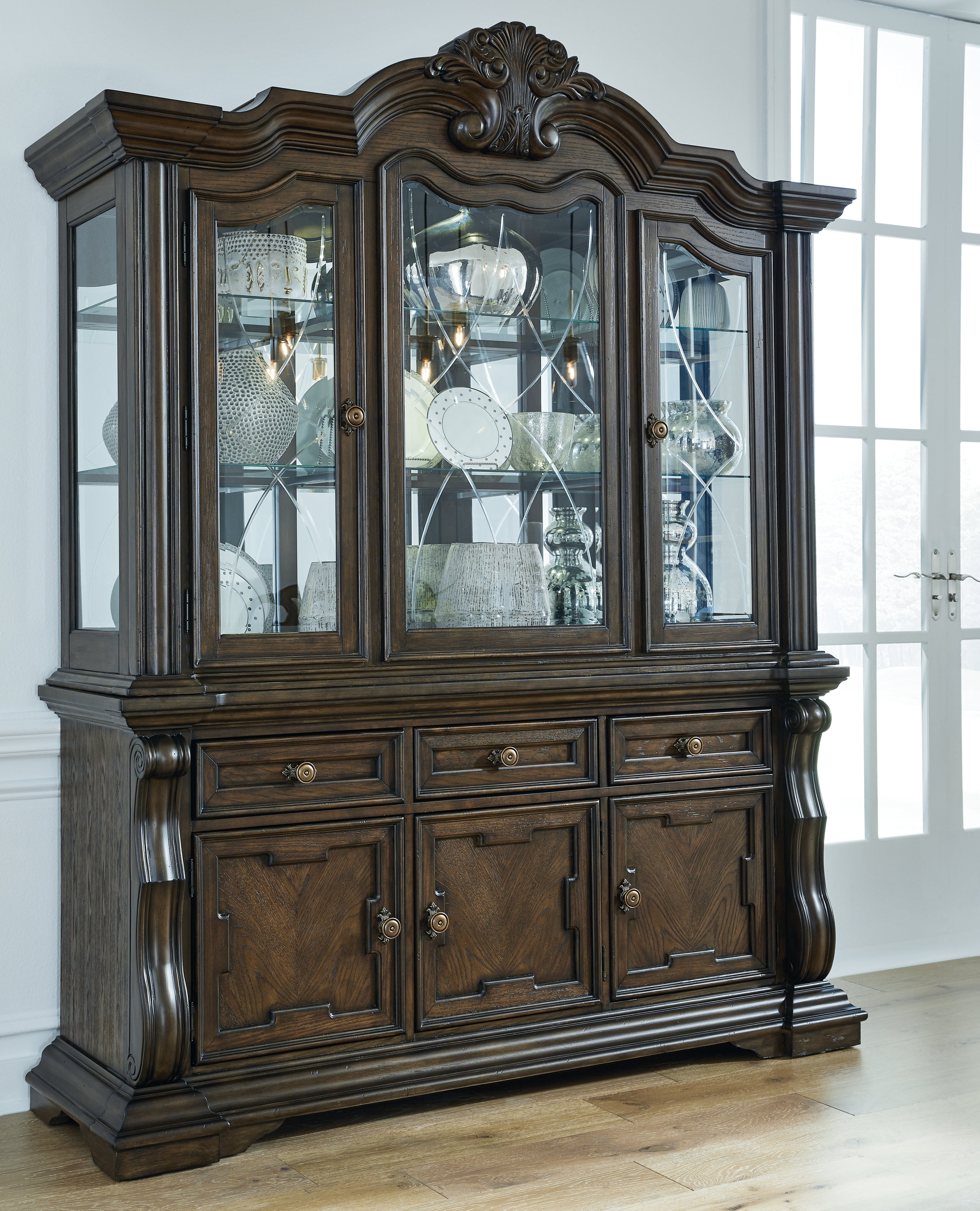 Tampa Furniture Outlet Lutz - Ashley Furniture - Maylee Dining Room - Dining Buffet and Hutch / Dark Brown / 71.75"W x 20.75"D x 89.25"H - D947D1