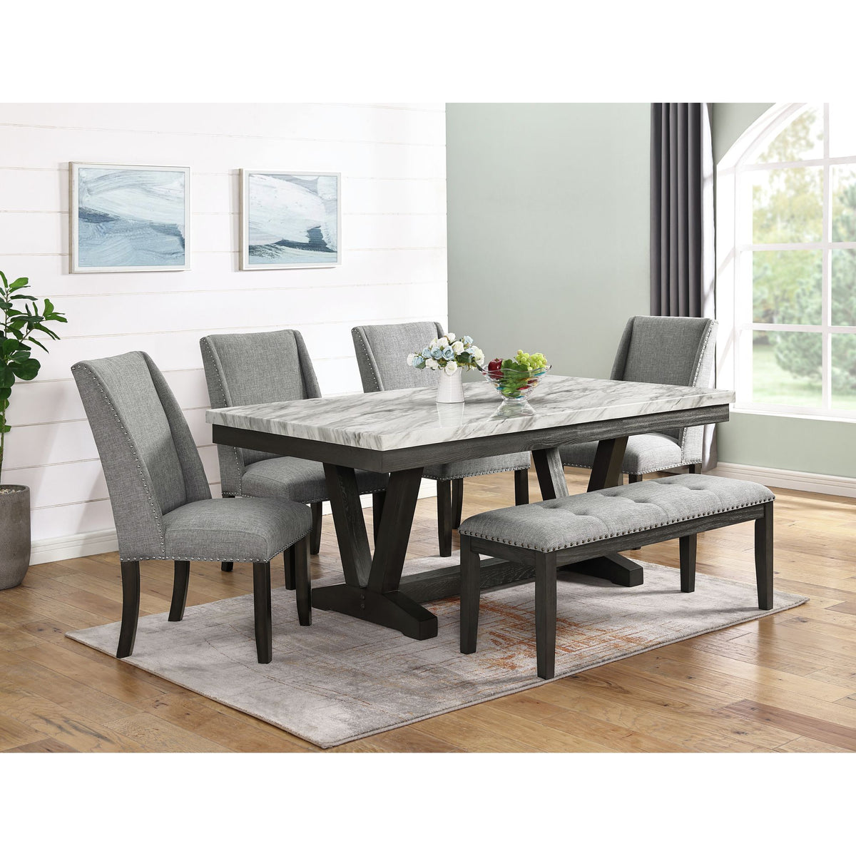 Everdeen Bench w/ Grey Fabric and Nail Heads in Charcoal – SKU D-4930-7-BN | Elements