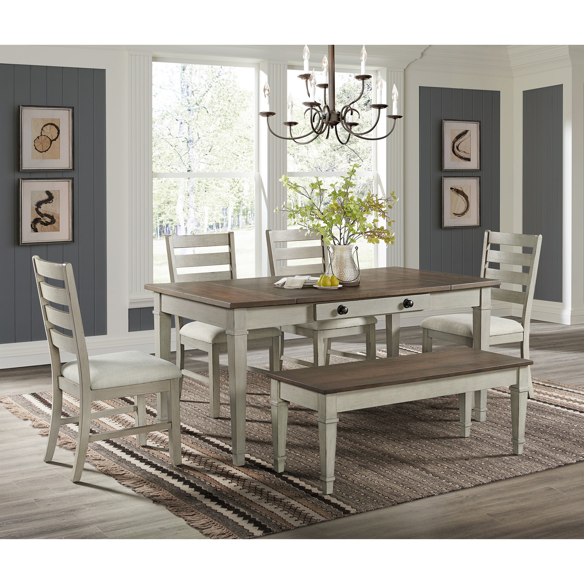 Farmington Storage Dining Bench in Medium Brown and Washed Stone – SKU D-9890-7-BN | Elements