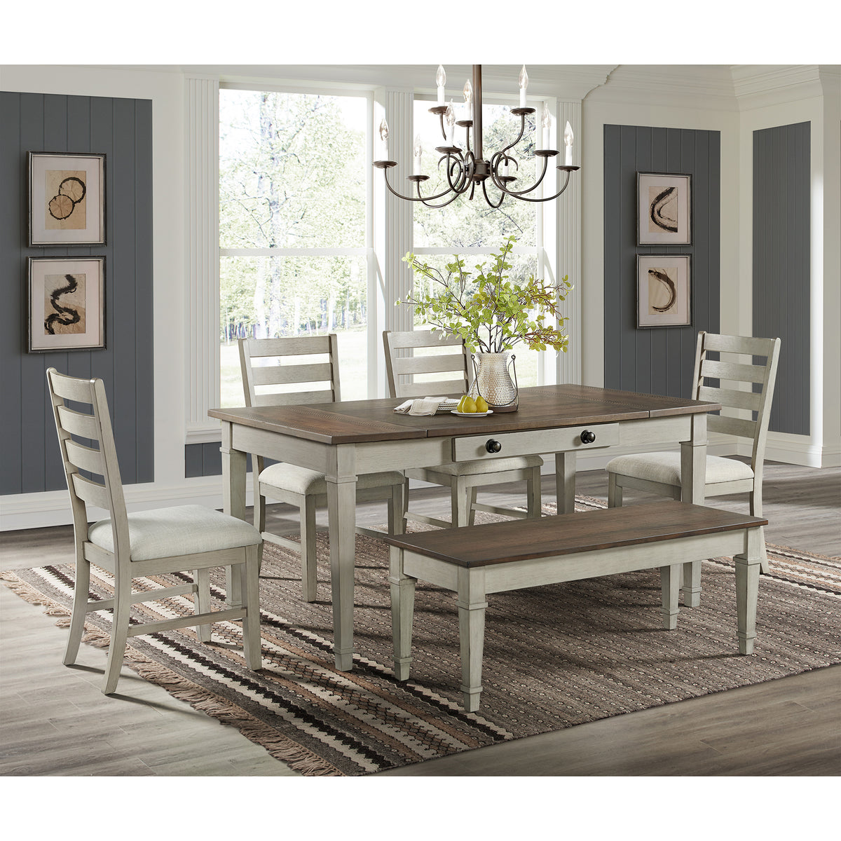 Farmington Storage Dining Bench in Medium Brown and Washed Stone – SKU D-9890-7-BN | Elements