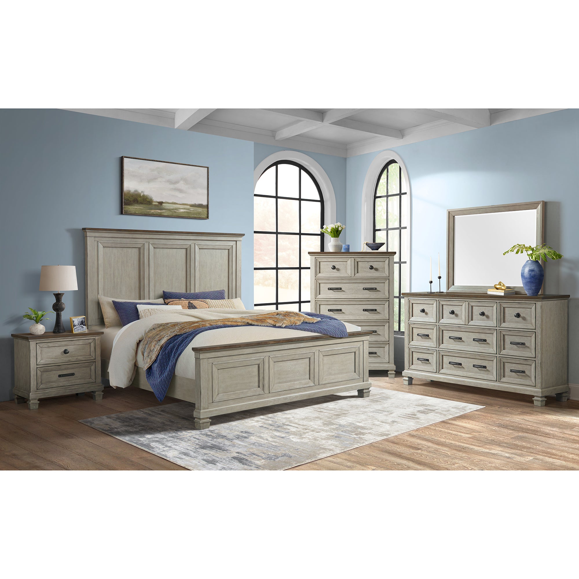 Farmington King Panel Bed in Medium Brown and Washed Stone – SKU B-9890-7-KB | Elements