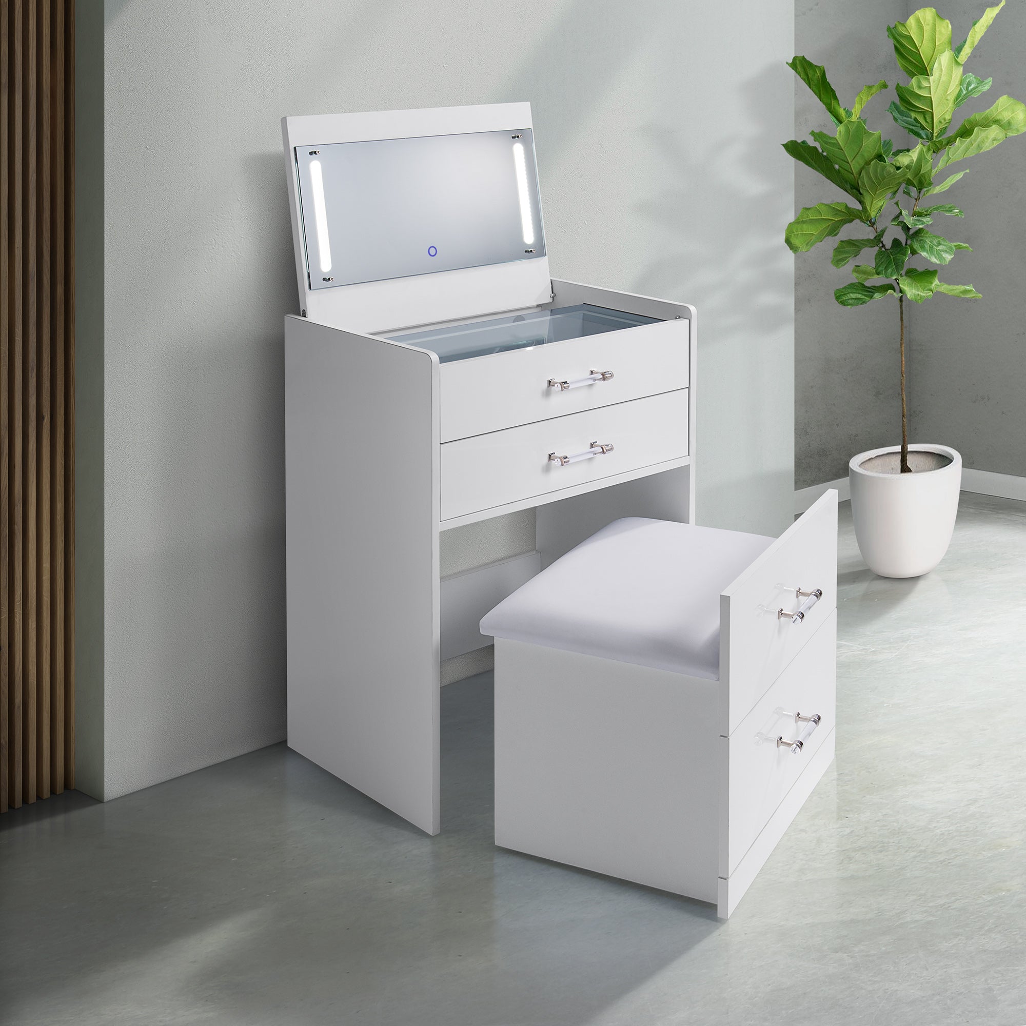 Irvine Mini Dressing Table with Stool, LED and USB in Glossy White – SKU V-13260-7-VNSP | Elements