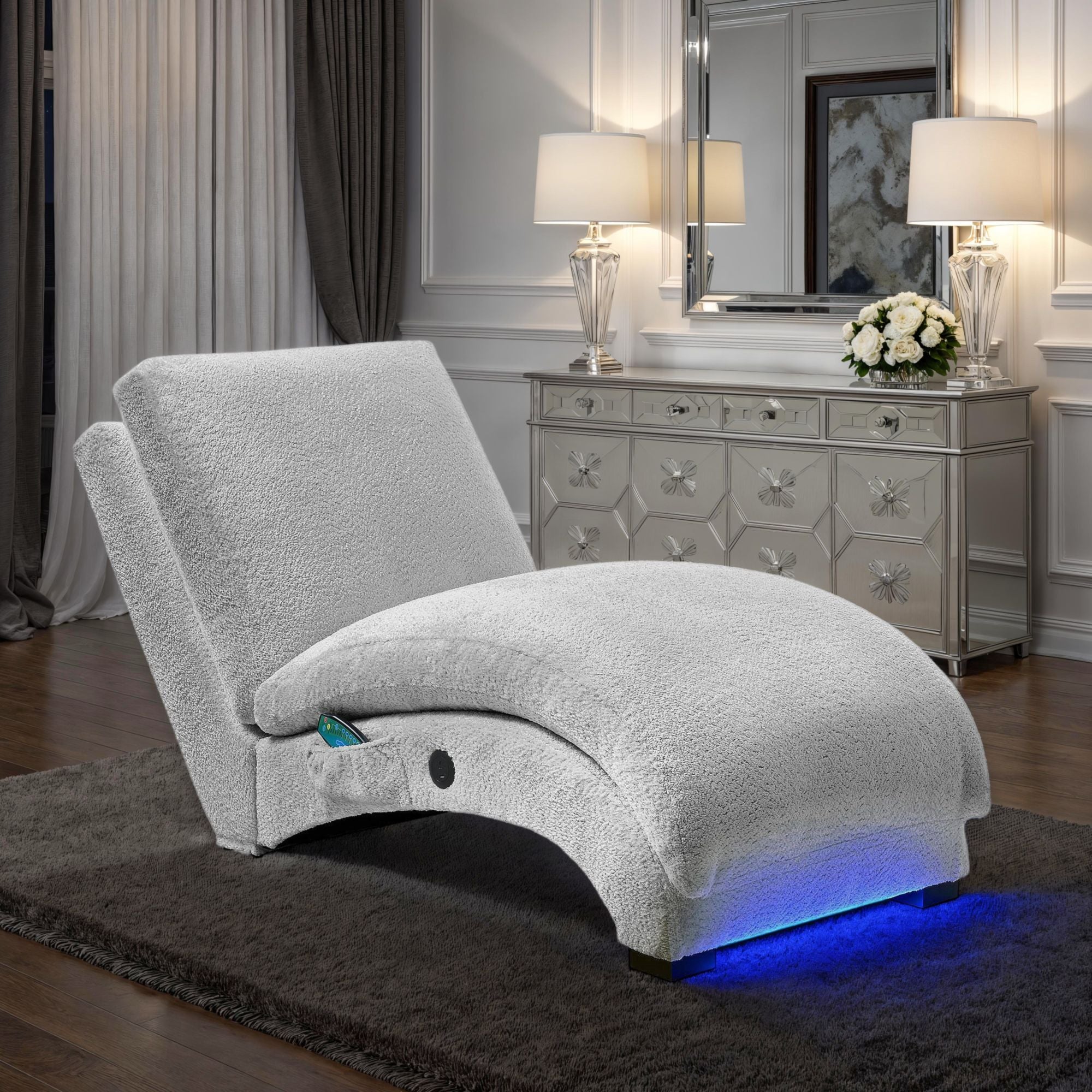 Nori Chaise with Heat Massage, USBC, LED in Glam Fog – SKU U-11260-12090-110M | Elements