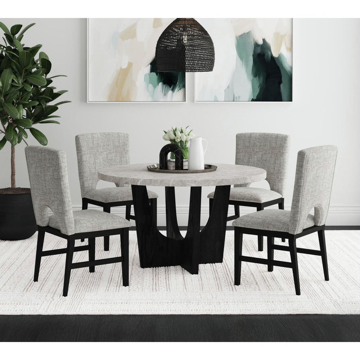 Oregon Round Dining Table with Grey Faux Marble Top in Black – SKU D-17380-8-DT2 | Elements