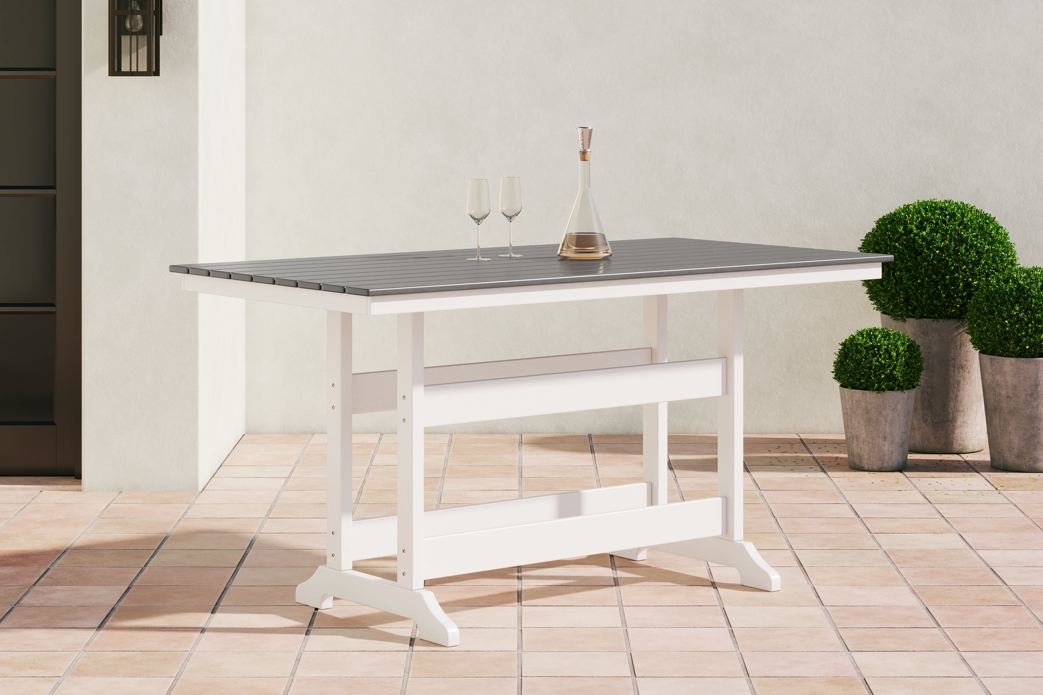 Tampa Furniture Outlet Lutz - Ashley Furniture - Transville Outdoor - RECT COUNTER TABLE W/UMB OPT / Gray/White - P210-642