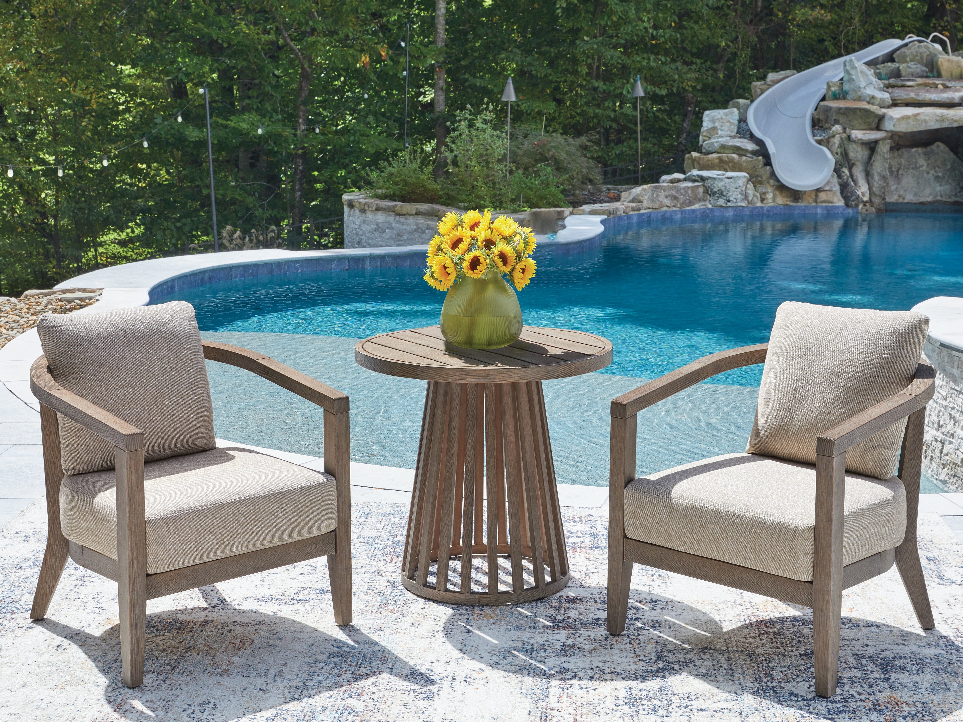 Tampa Furniture Outlet Lutz - Ashley Furniture - Joy Lagoon Outdoor - Chairs w/CUSH/Table Set (3/CN) - PCP310-050