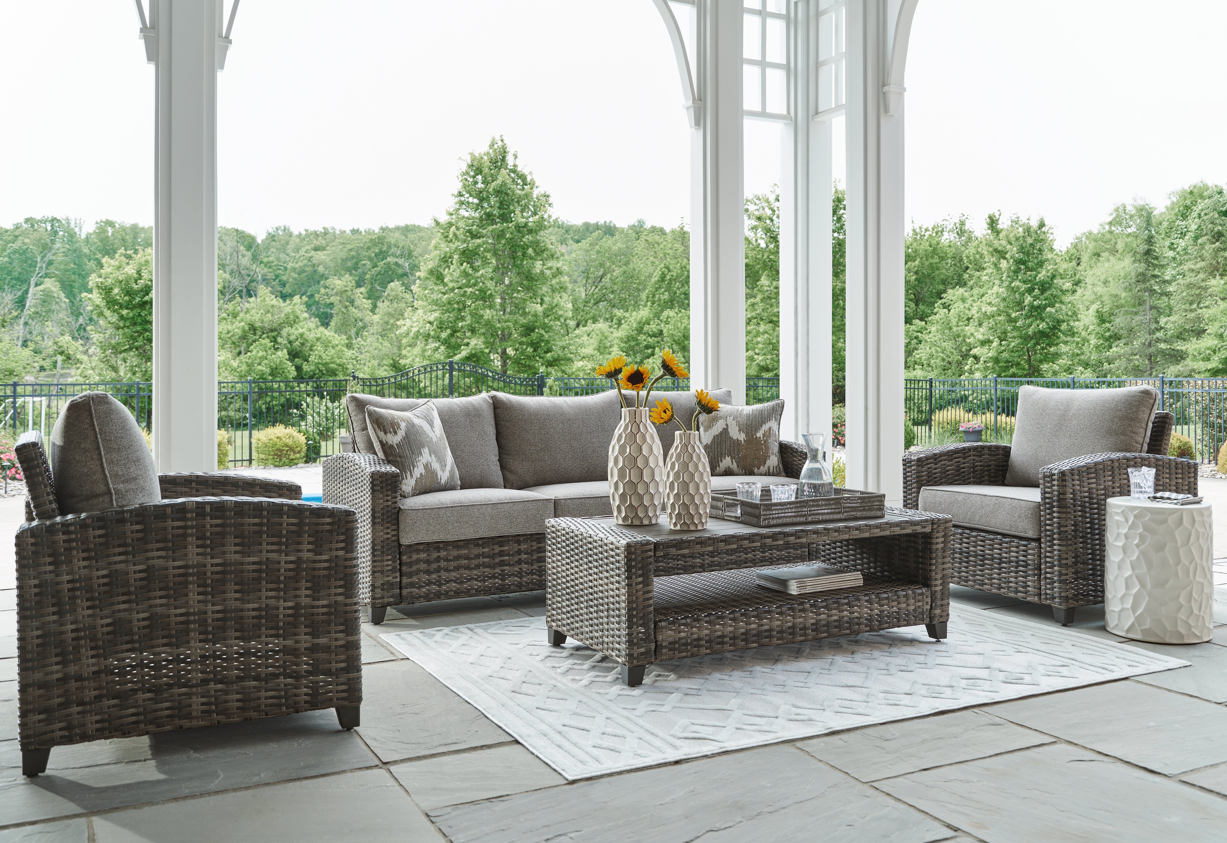 Tampa Furniture Outlet Lutz - Ashley Furniture - Oasis Court Outdoor - Sofa/Chairs/Table Set (4/CN) / Gray - P335-081