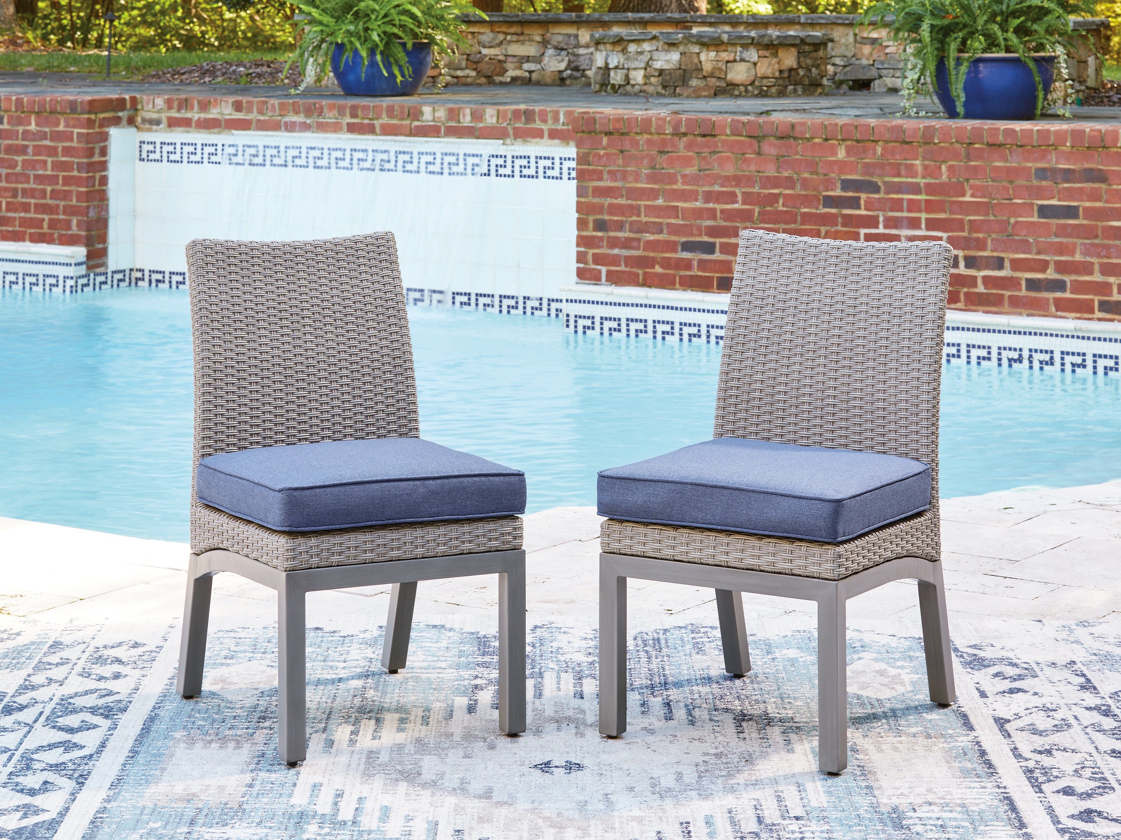 Tampa Furniture Outlet Lutz - Ashley Furniture - Half Moon Beach Outdoor - Side Chair with Cushion (Set of 2) / Blue/Gray - PCP418-601