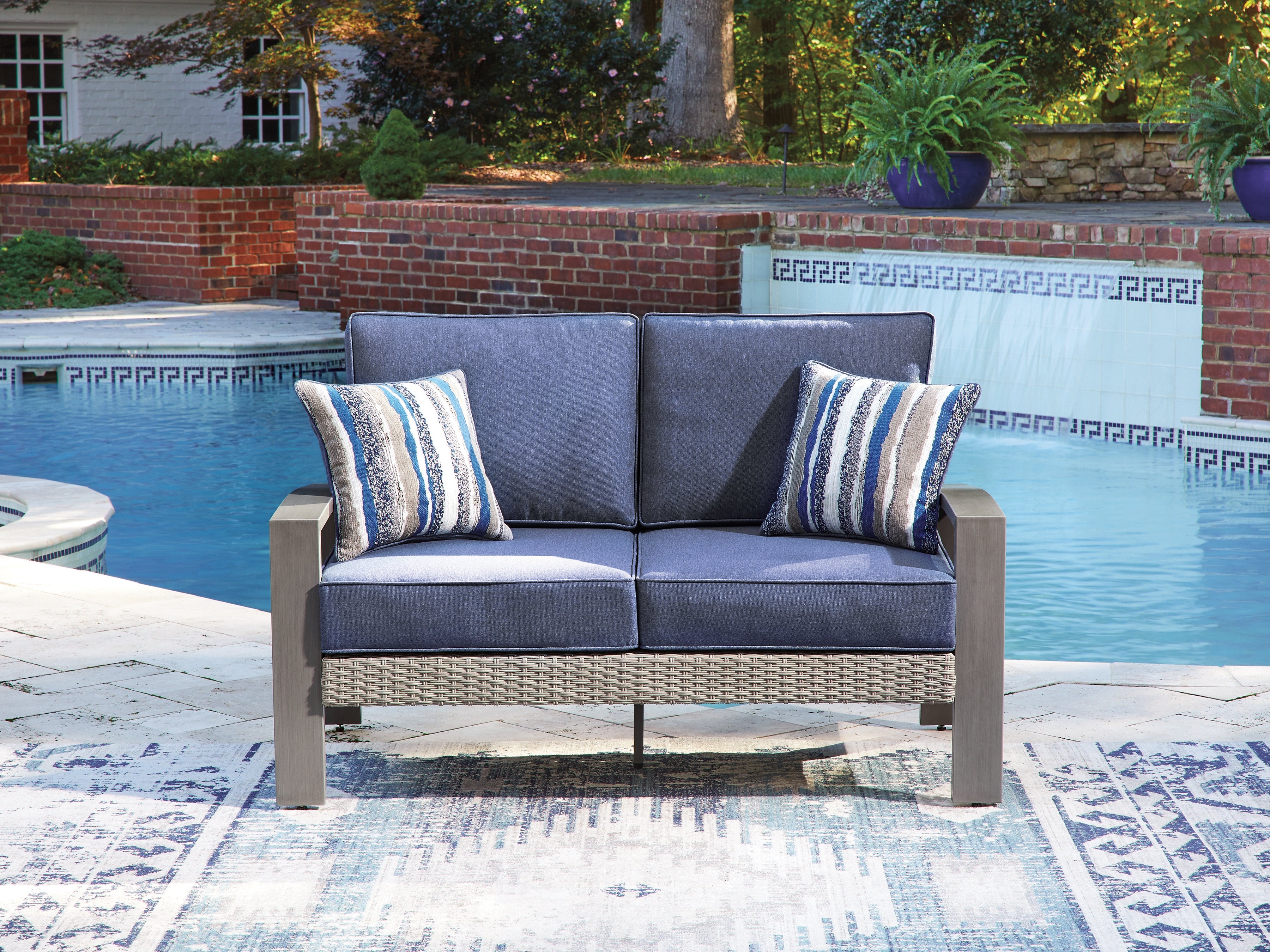 Tampa Furniture Outlet Lutz - Ashley Furniture - Half Moon Beach Outdoor - Loveseat w/Cushion / Blue/Gray - PCP418-835