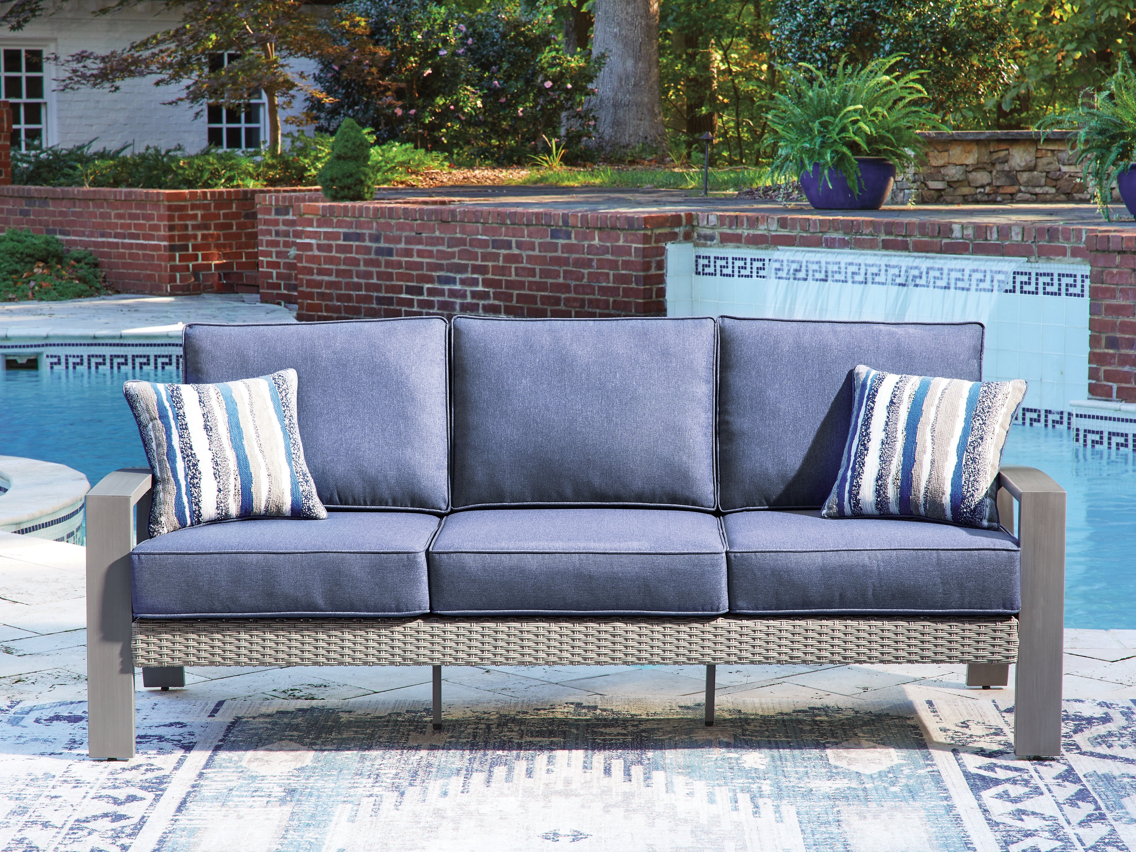 Tampa Furniture Outlet Lutz - Ashley Furniture - Half Moon Beach Outdoor - Sofa with Cushion / Blue/Gray - PCP418-838
