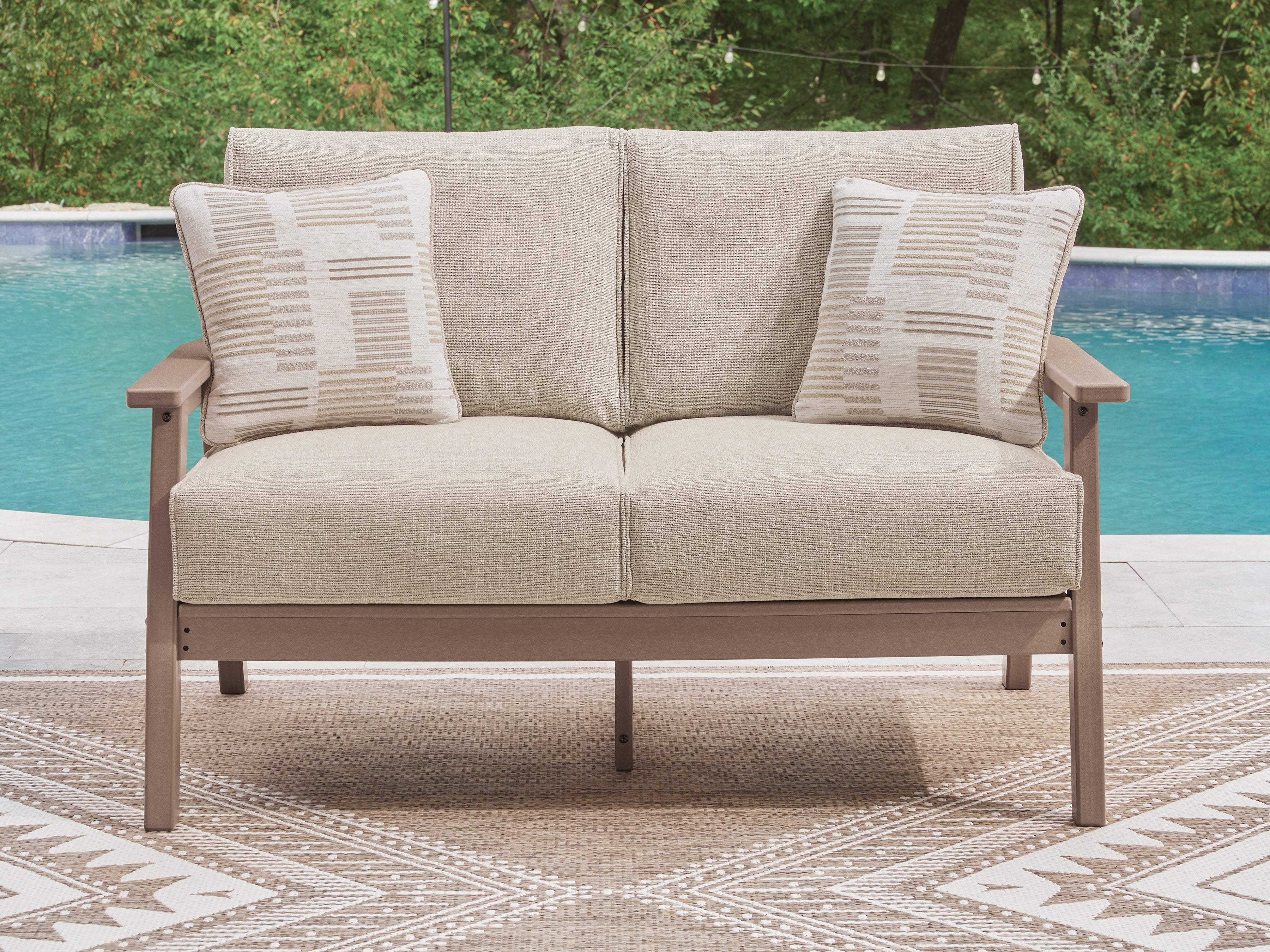Tampa Furniture Outlet Lutz - Ashley Furniture - Grover Beach Outdoor - Loveseat w/Cushion / Driftwood - PCP422-835
