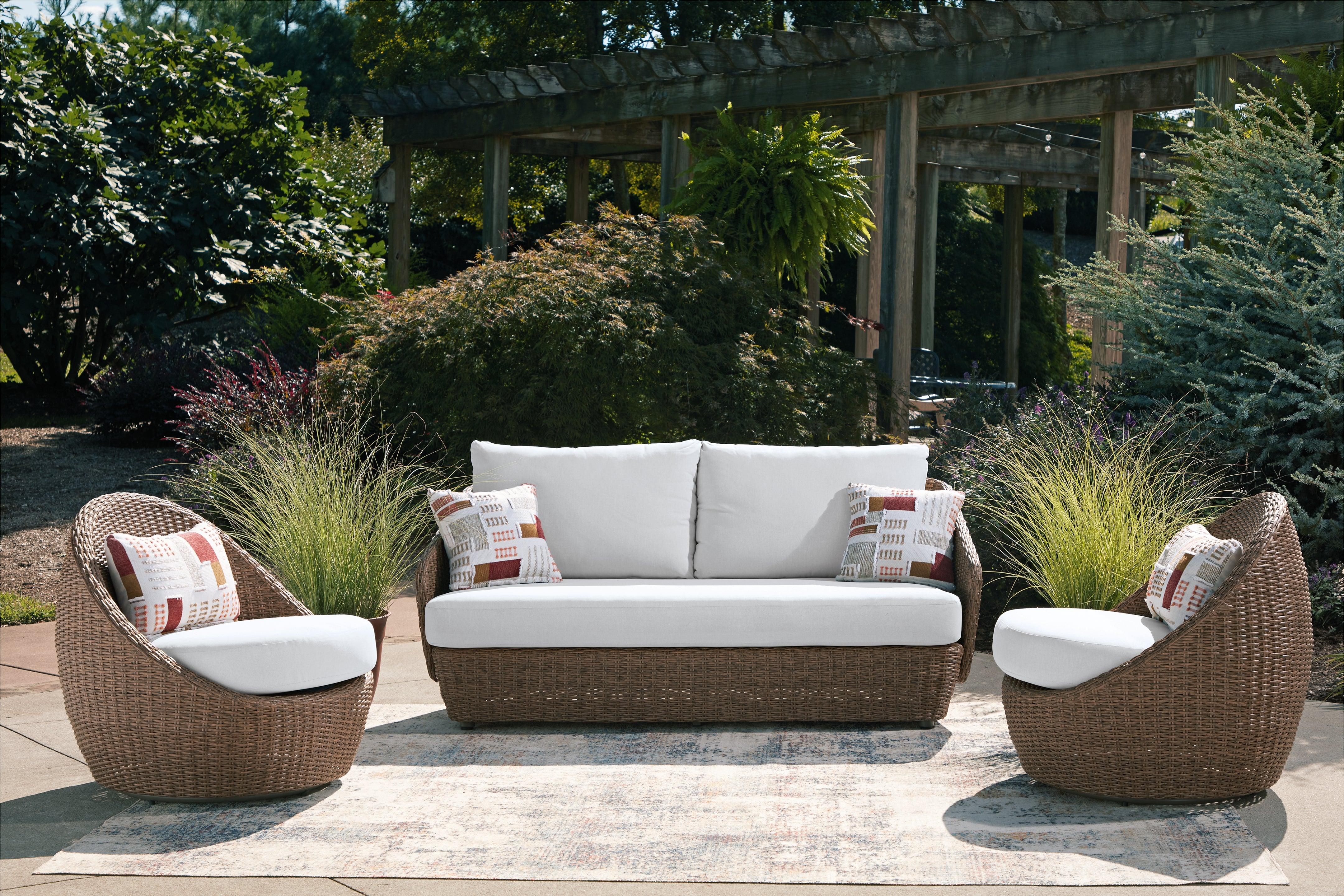 Tampa Furniture Outlet Lutz - Ashley Furniture - Double Point Outdoor - Love/Swivel Chairs Set (3/CN) / Beige - PCP503-070