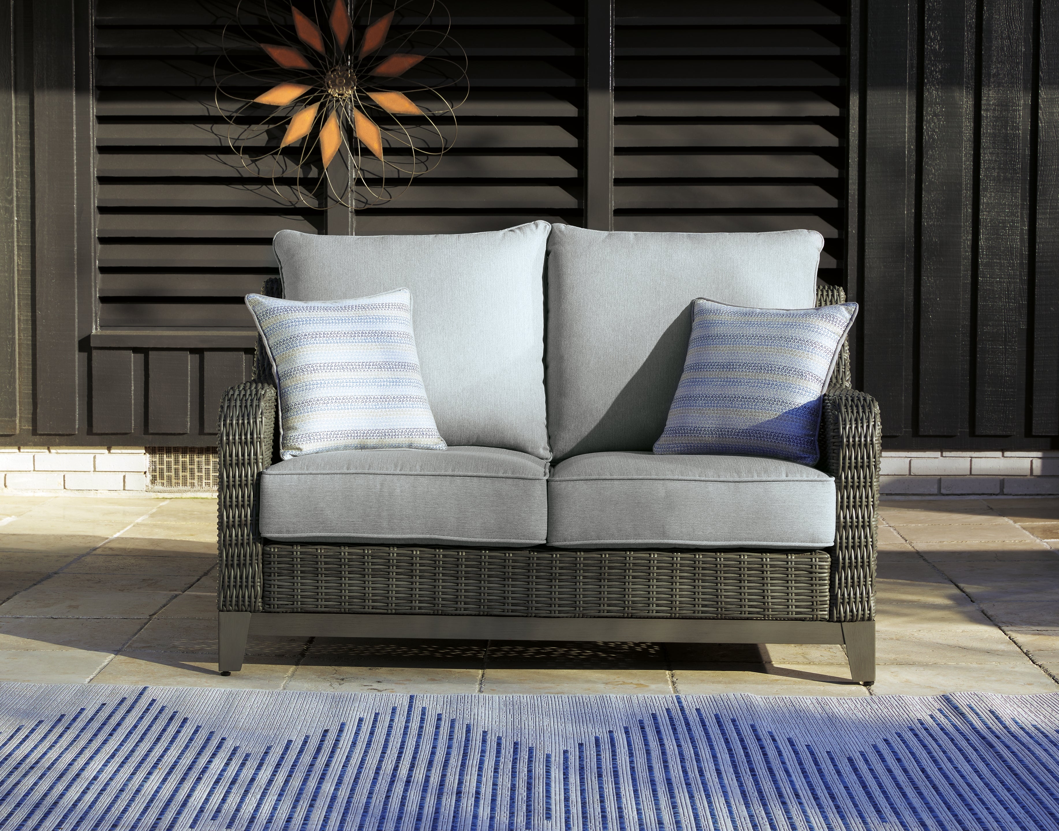 Tampa Furniture Outlet Lutz - Ashley Furniture - Elite Park Outdoor - Loveseat w/Cushion / Gray - P518-835