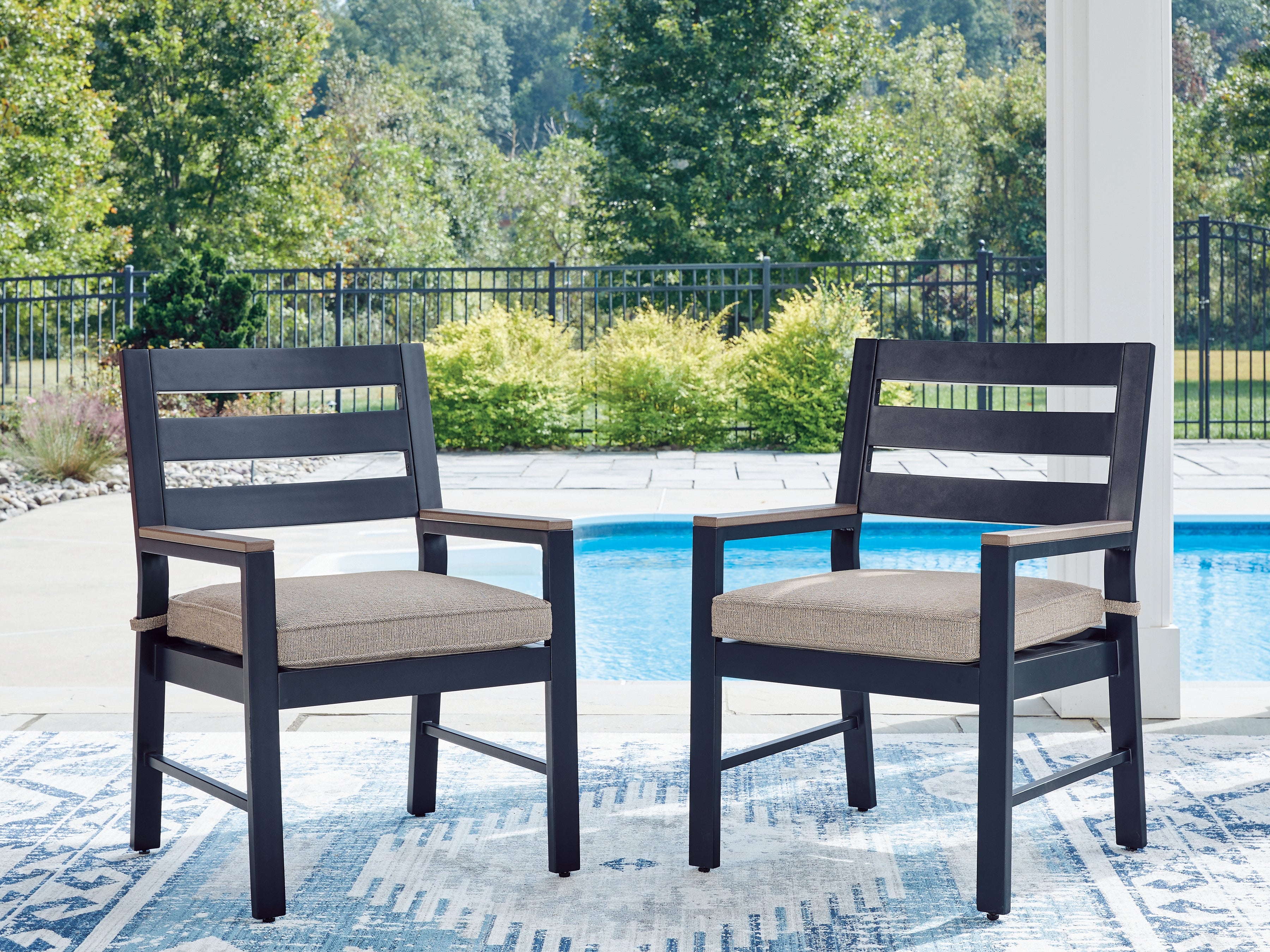 Tampa Furniture Outlet Lutz - Ashley Furniture - East Beach Outdoor - Arm Chair With Cushion (Set of 2) / Navy Blue/Driftwood - PCP587-601A
