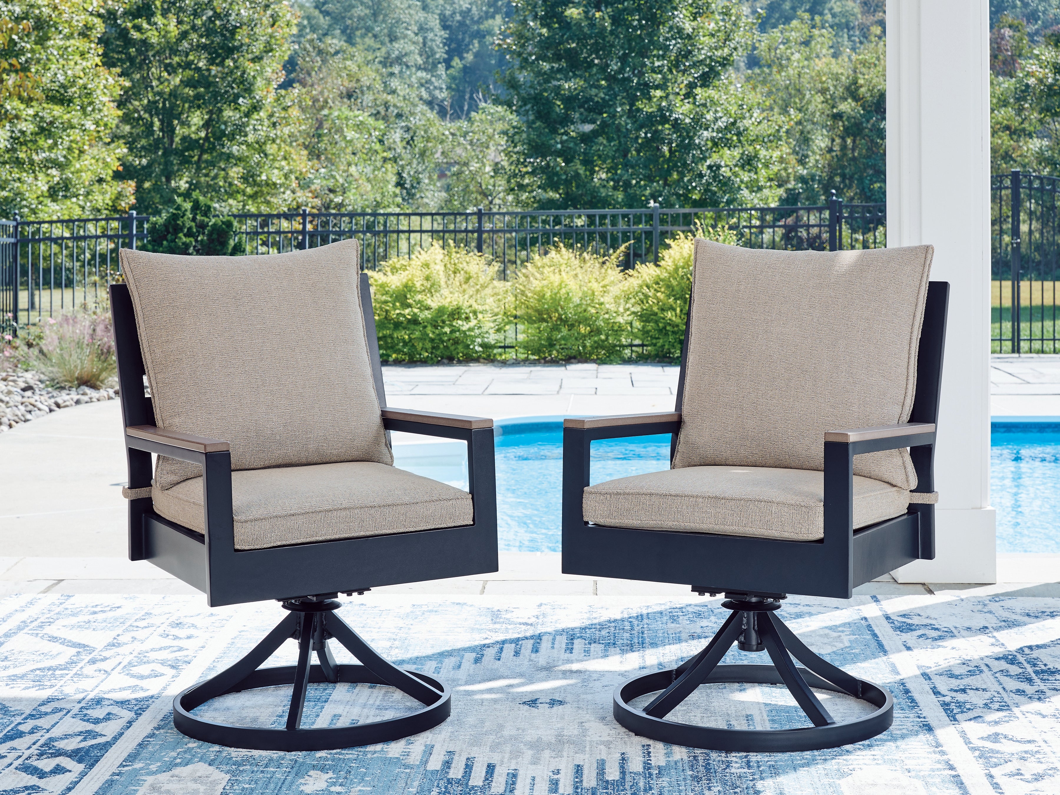 Tampa Furniture Outlet Lutz - Ashley Furniture - East Beach Outdoor - Swivel Chair w/Cushion (Set of 2) / Navy Blue/Driftwood - PCP587-602A
