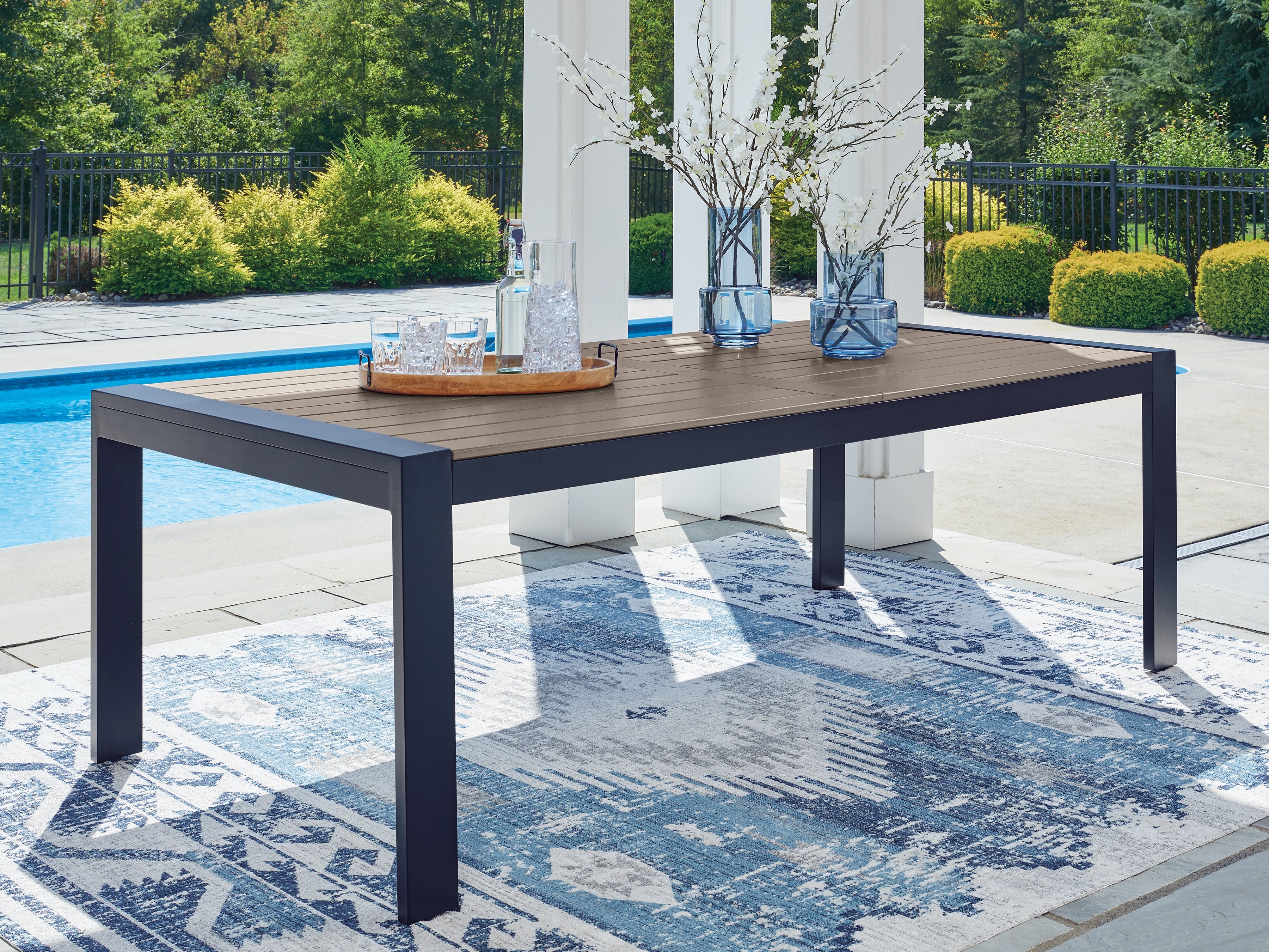 Tampa Furniture Outlet Lutz - Ashley Furniture - East Beach Outdoor - RECT Dining Table w/UMB OPT / Navy Blue/Driftwood - PCP587-625