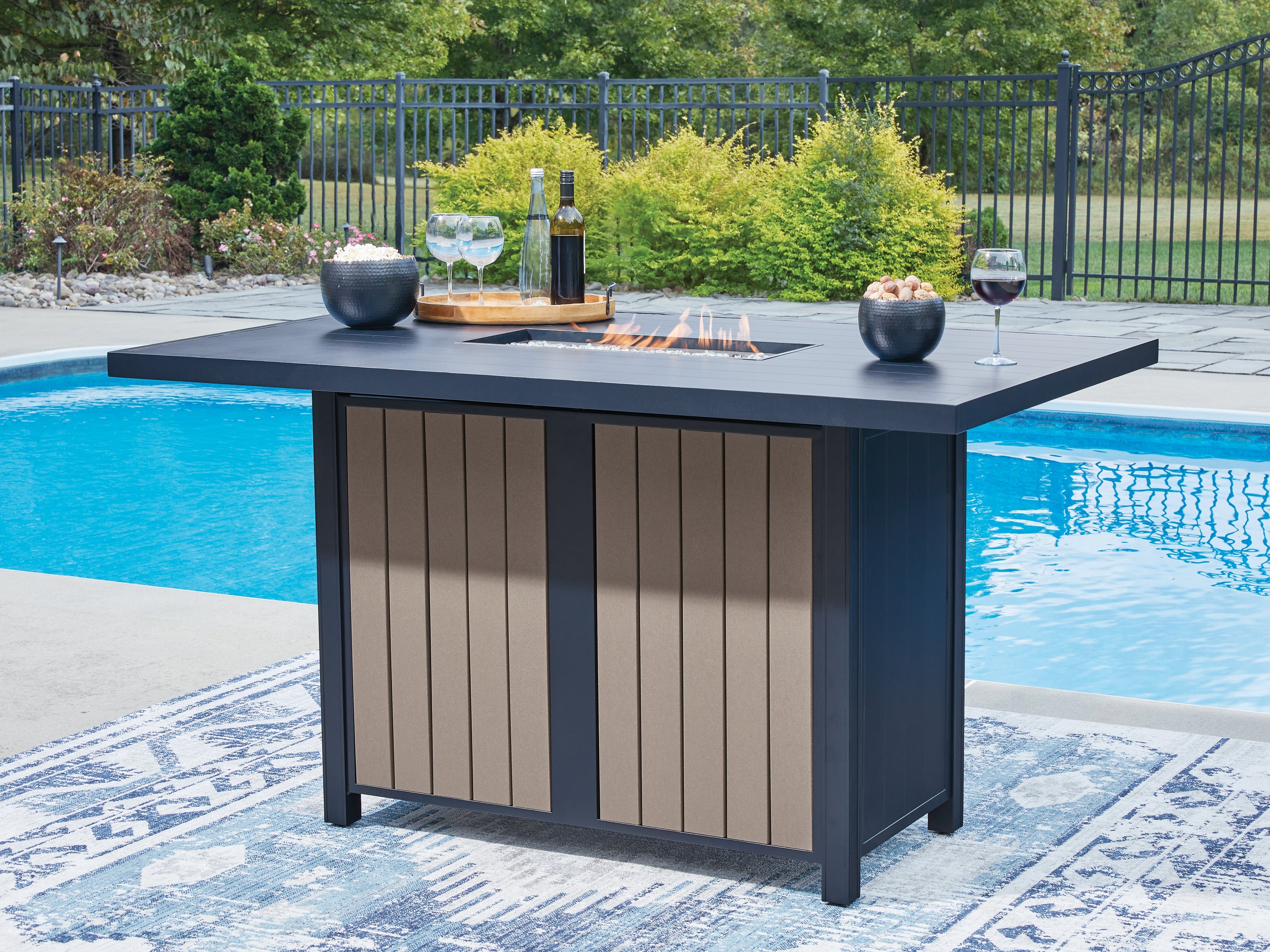 Tampa Furniture Outlet Lutz - Ashley Furniture - East Beach Outdoor - RECT Bar Table w/Fire Pit / Navy Blue/Driftwood - PCP587-665