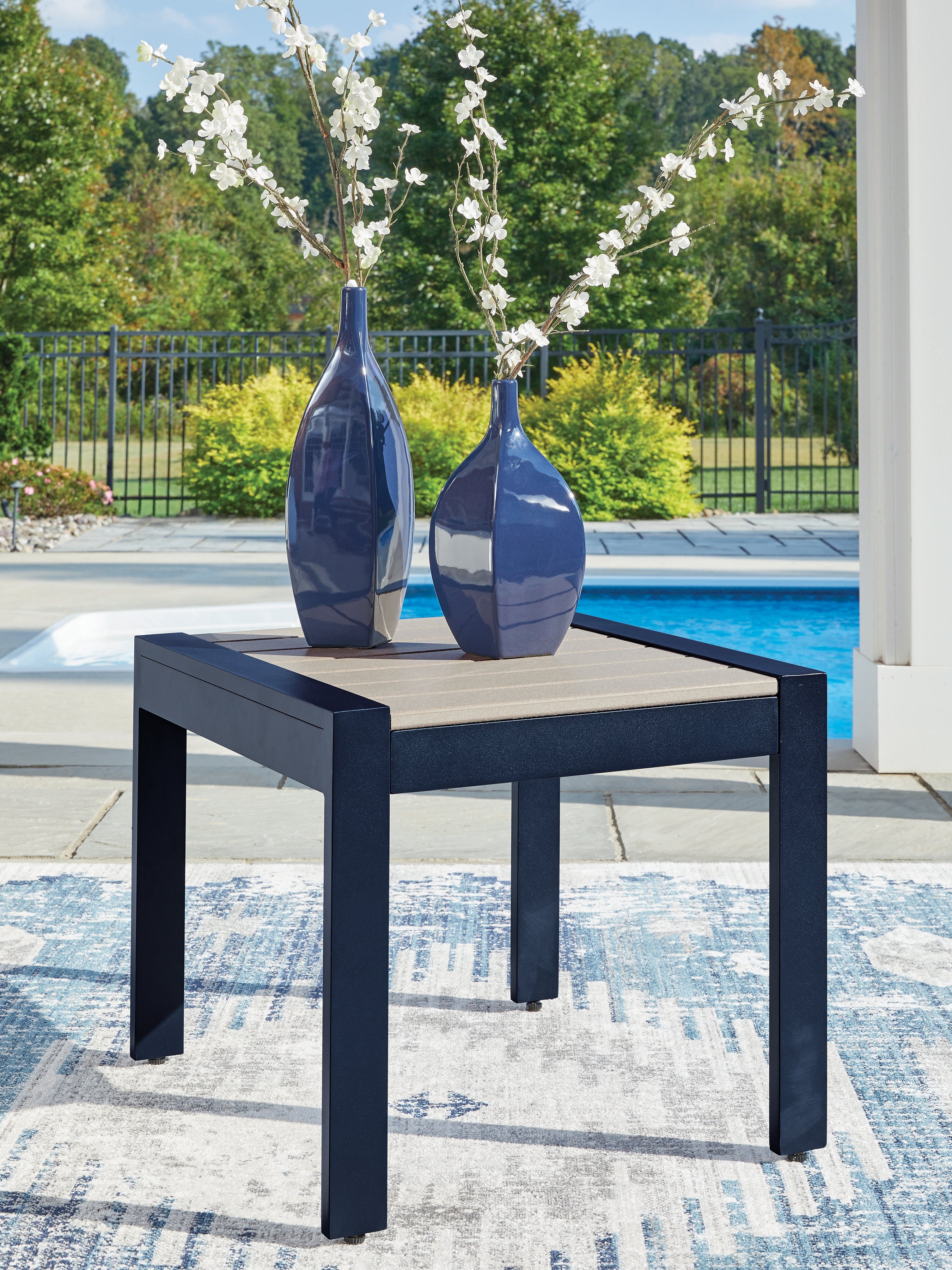 Tampa Furniture Outlet Lutz - Ashley Furniture - East Beach Outdoor - Rectangular End Table / Navy Blue/Driftwood - PCP587-703
