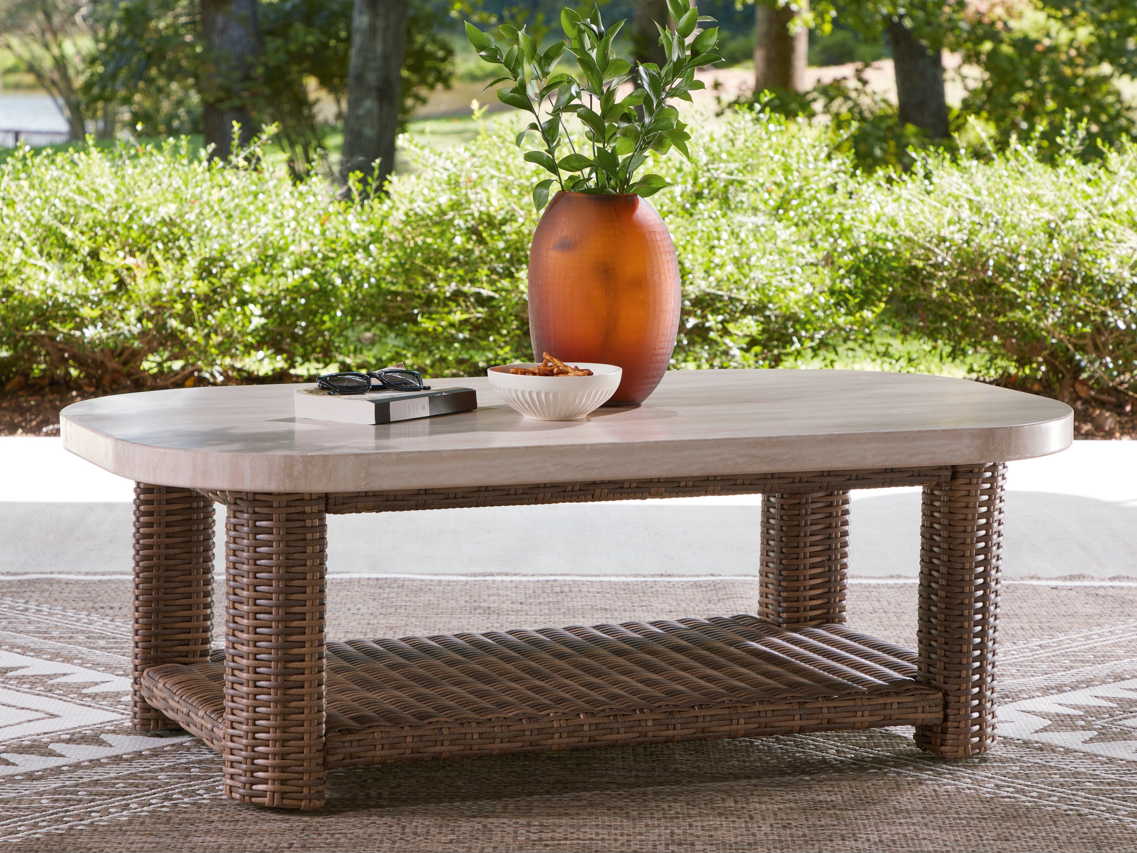 Tampa Furniture Outlet Lutz - Ashley Furniture - Dolan Creek Outdoor - Rectangular Cocktail Table / Beige/Brown - PCP610-701