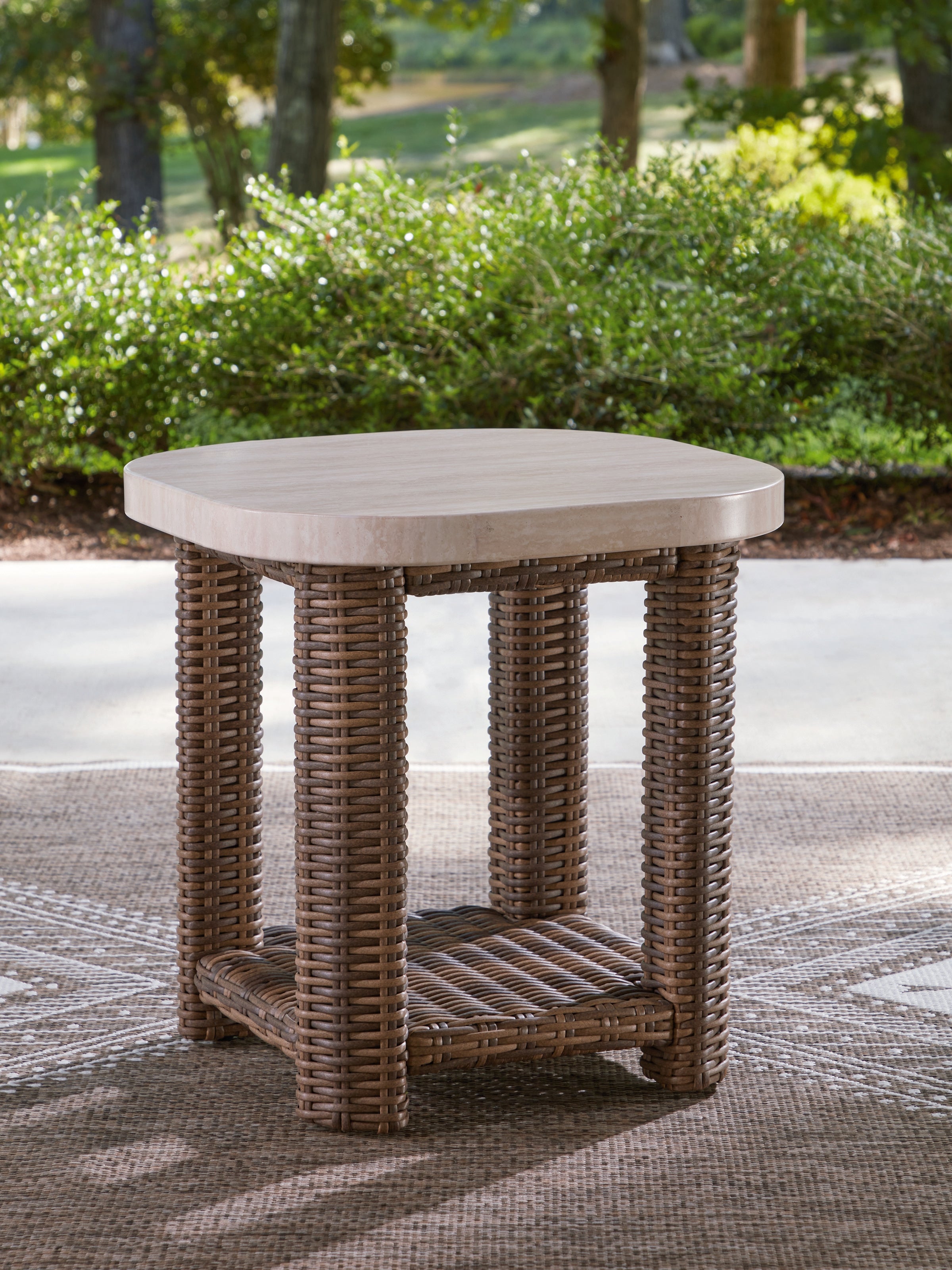 Tampa Furniture Outlet Lutz - Ashley Furniture - Dolan Creek Outdoor - Square End Table / Beige/Brown - PCP610-702