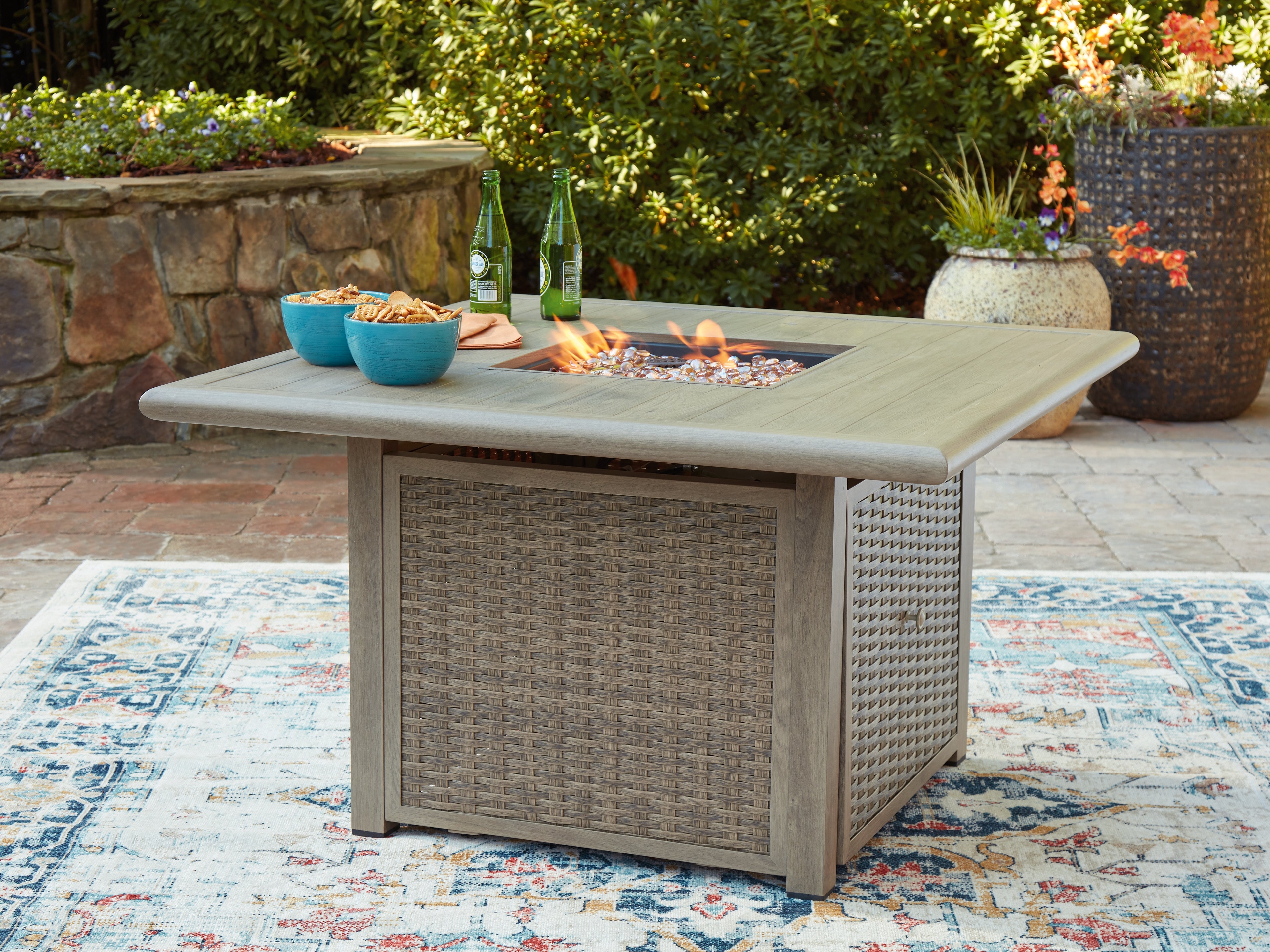 Tampa Furniture Outlet Lutz - Ashley Furniture - Cliff Trails Outdoor - Square Fire Pit Table / Beige - PCP690-772