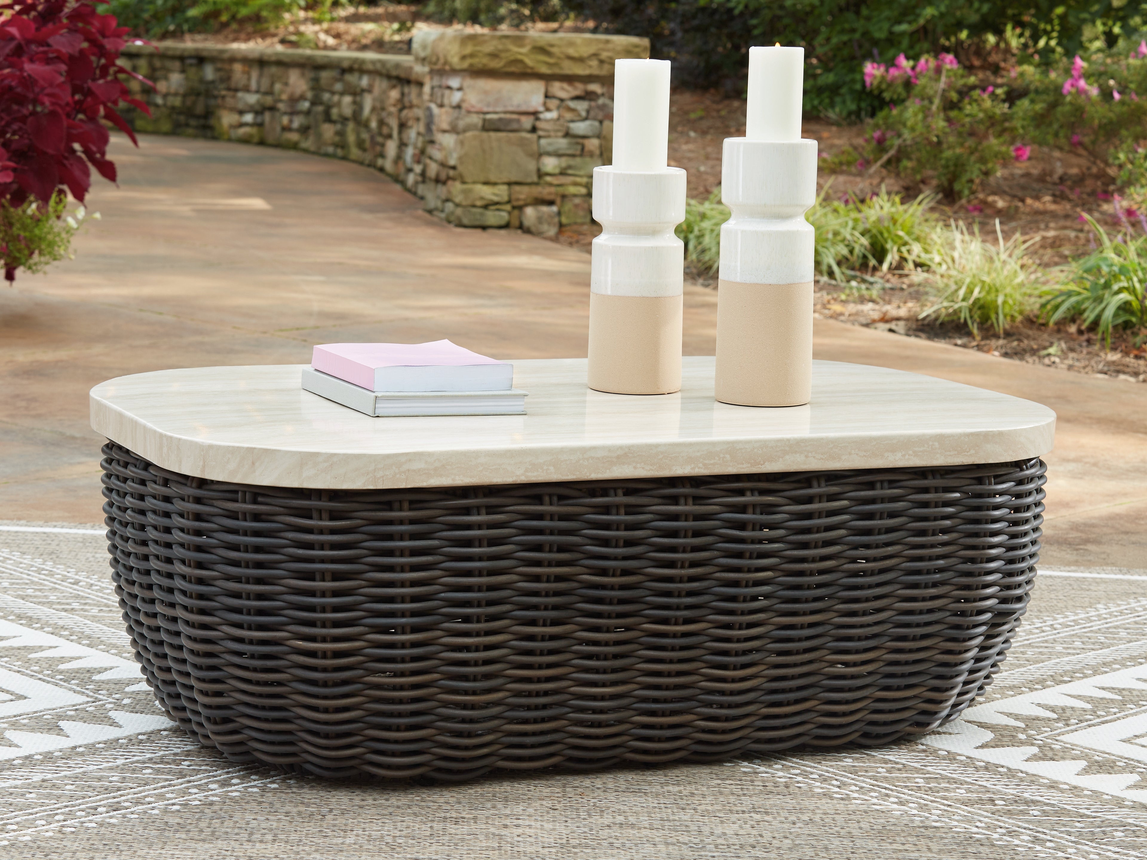 Tampa Furniture Outlet Lutz - Ashley Furniture - Kimora Outdoor - Rectangular Cocktail Table / Beige/Dark Brown - P711-701