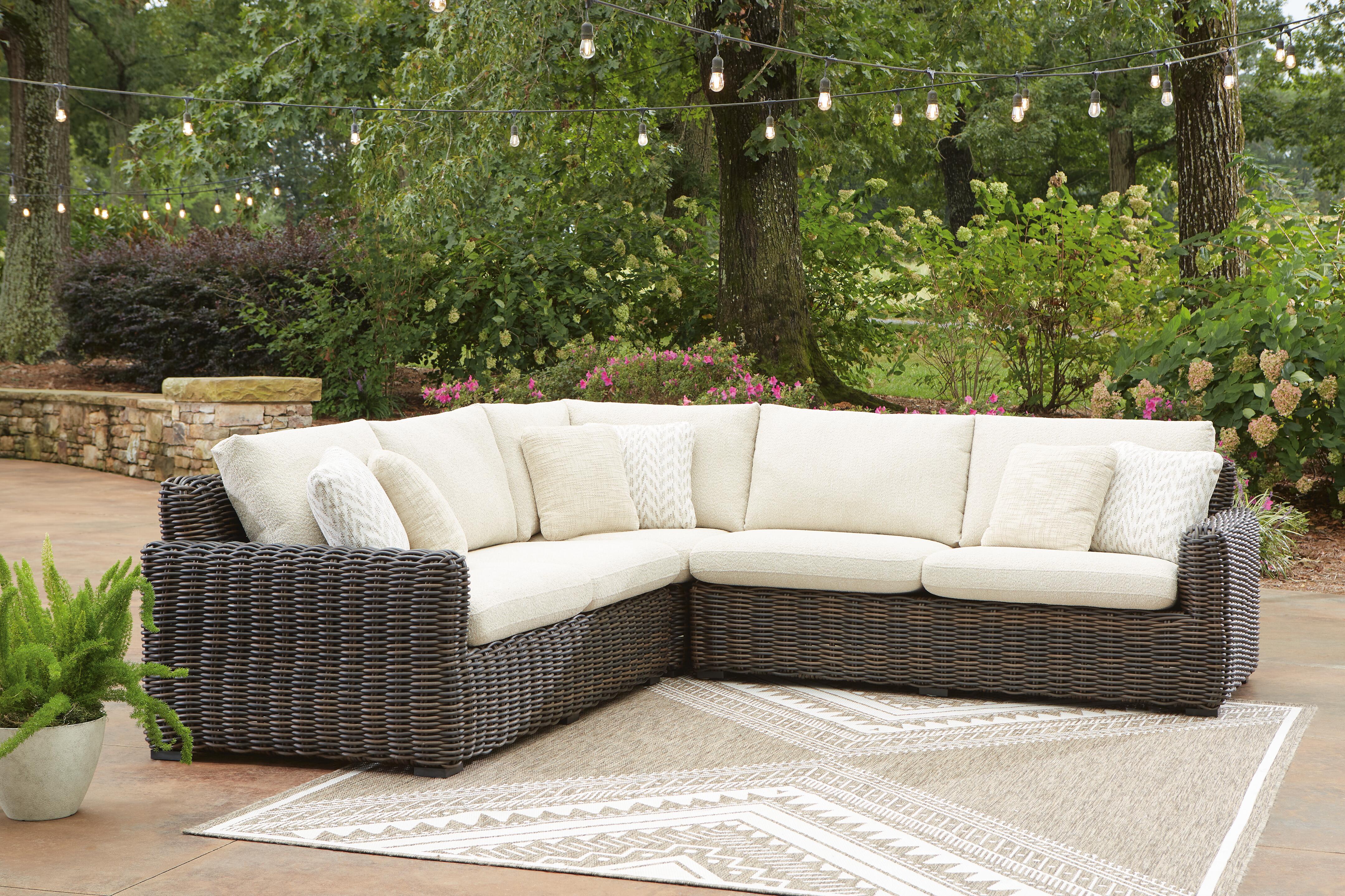 Tampa Furniture Outlet Lutz - Ashley Furniture - Kimora Outdoor - 3-Piece Outdoor Sectional / Beige/Dark Brown - P711P1
