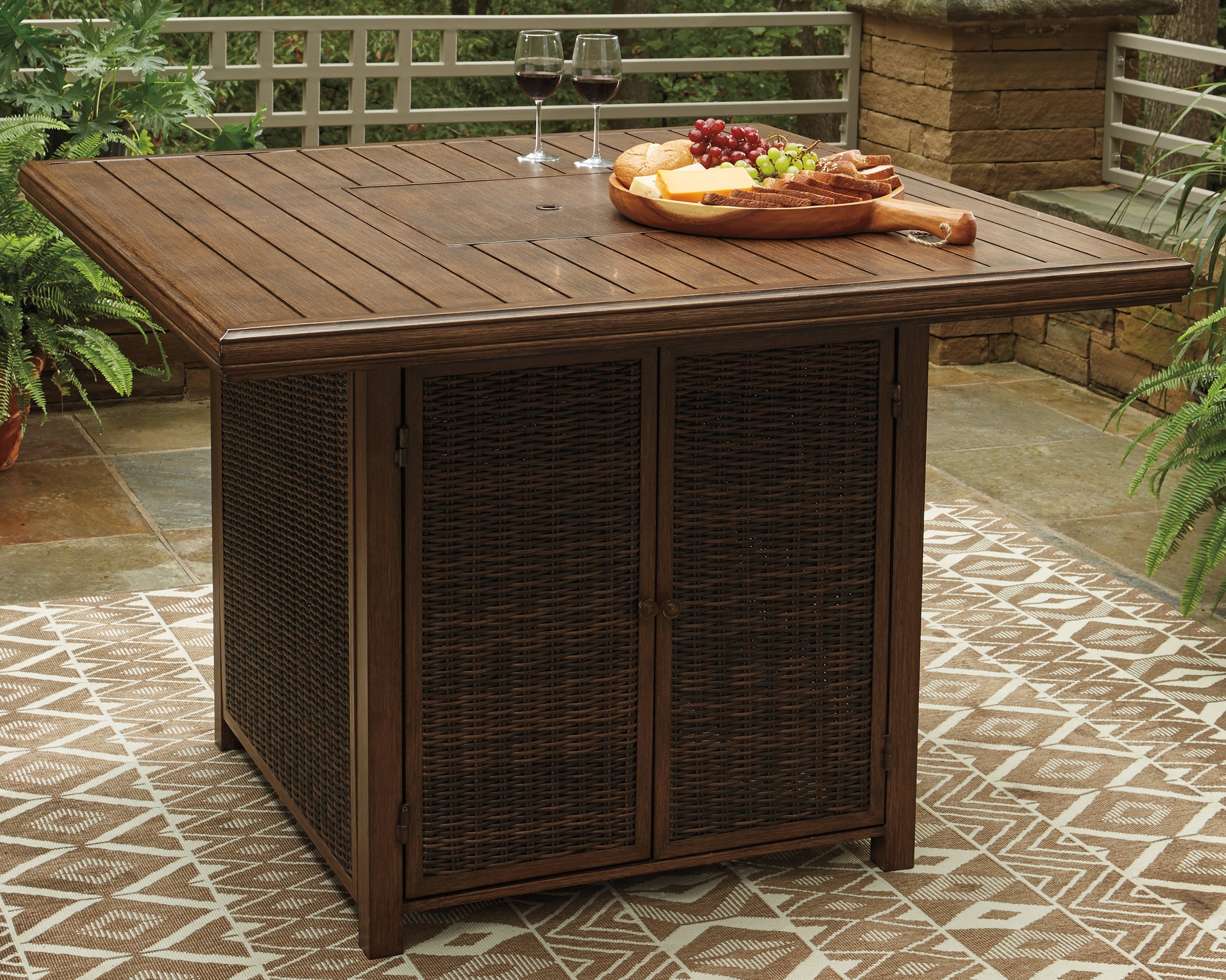 Tampa Furniture Outlet Lutz - Ashley Furniture - Paradise Trail Outdoor - Square Bar Table w/Fire Pit / Medium Brown - P750-665