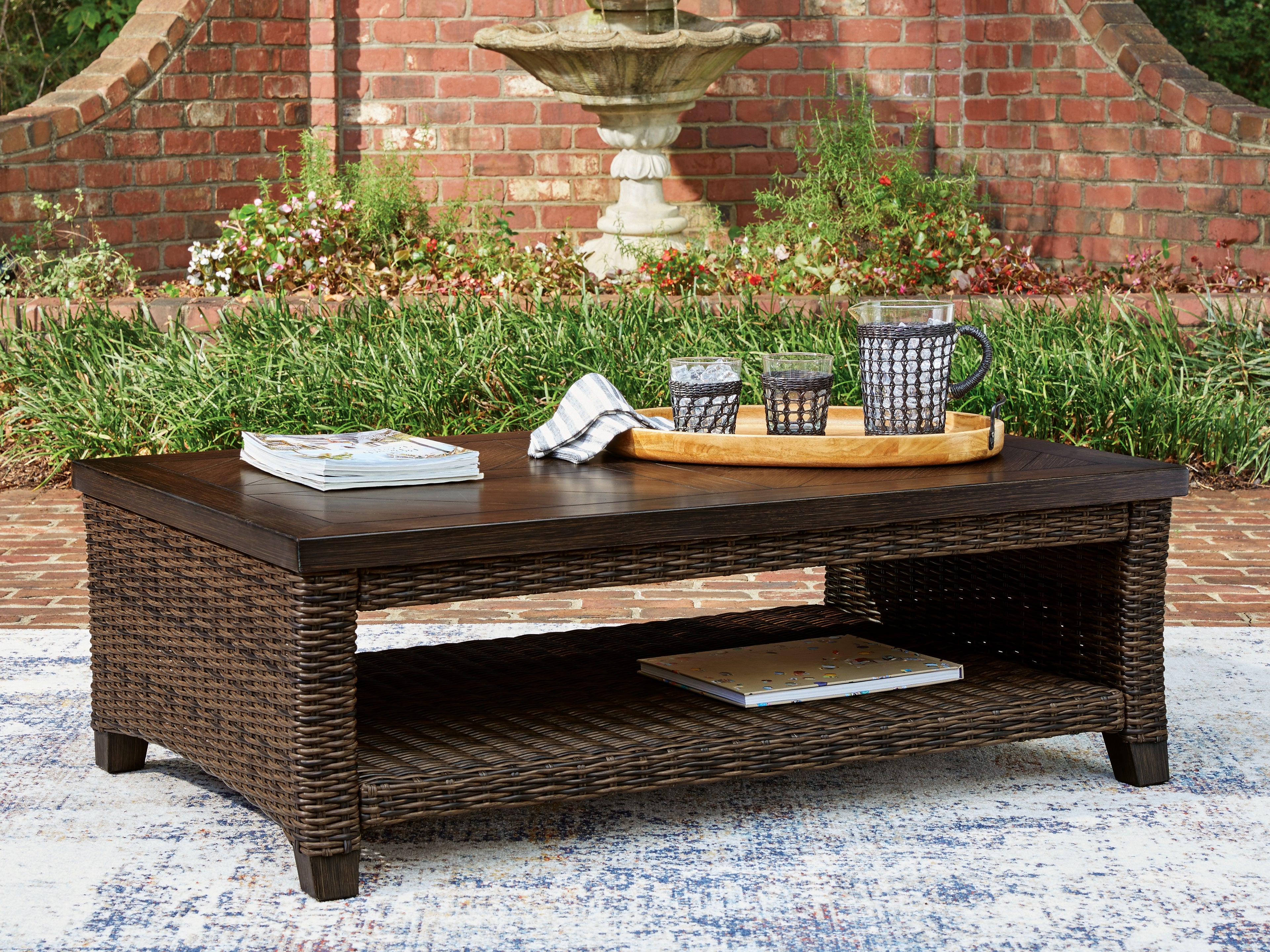 Tampa Furniture Outlet Lutz - Ashley Furniture - Monterey Point Outdoor - Rectangular Cocktail Table / Dark Brown - PCP760-701
