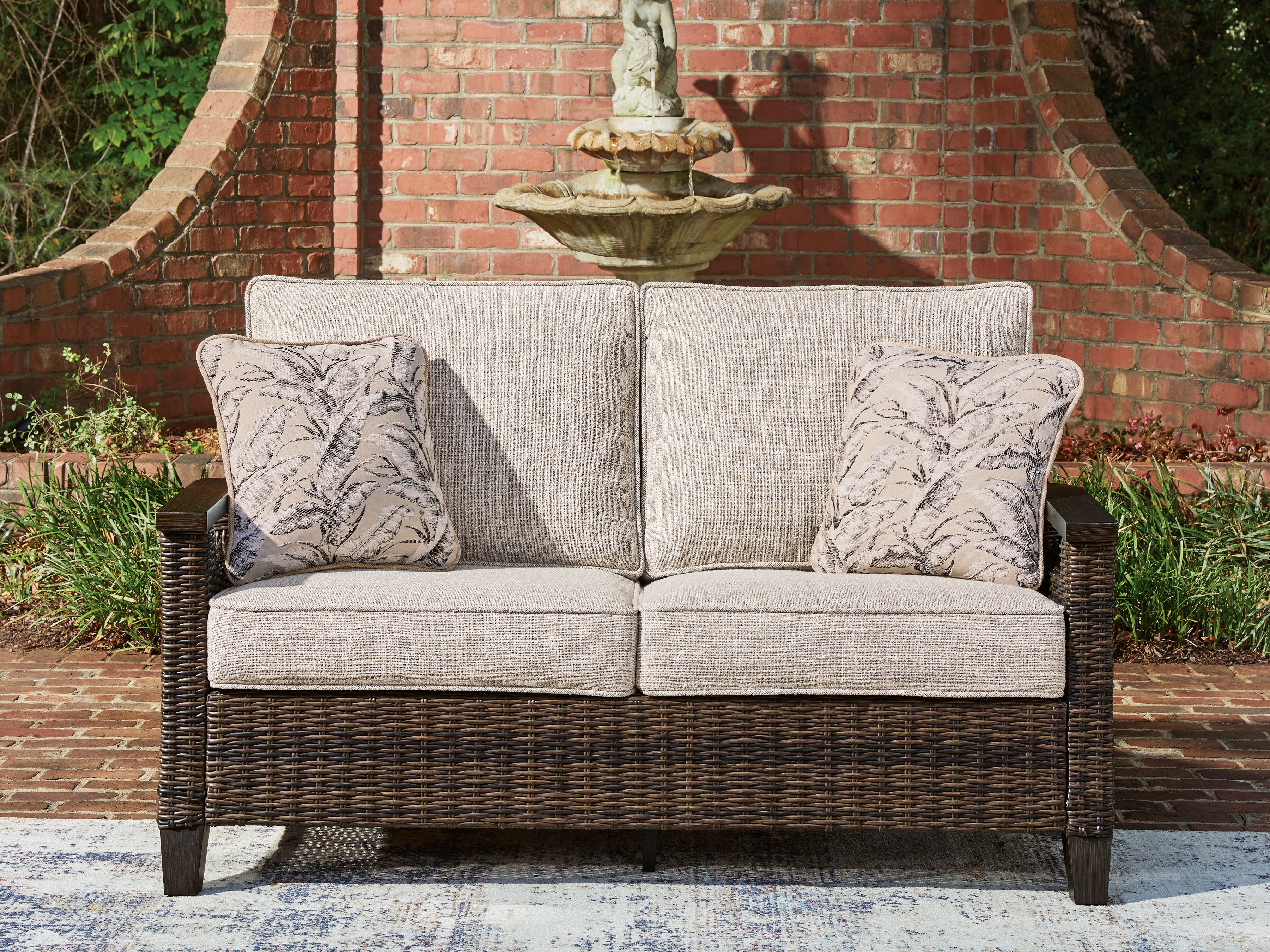 Tampa Furniture Outlet Lutz - Ashley Furniture - Monterey Point Outdoor - Loveseat w/Cushion / Dark Brown - PCP760-835