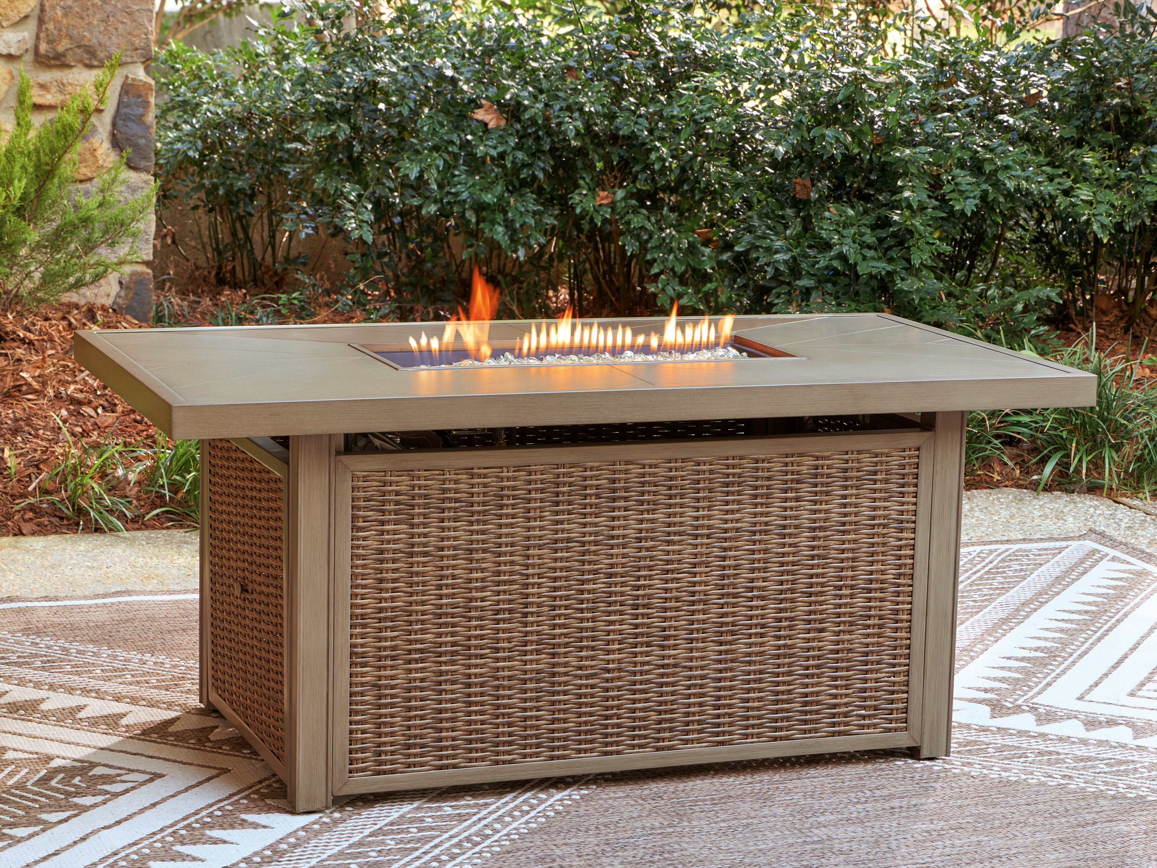 Tampa Furniture Outlet Lutz - Ashley Furniture - Laguna Heights Outdoor - Rectangular Fire Pit Table / Beige - PCP790-773