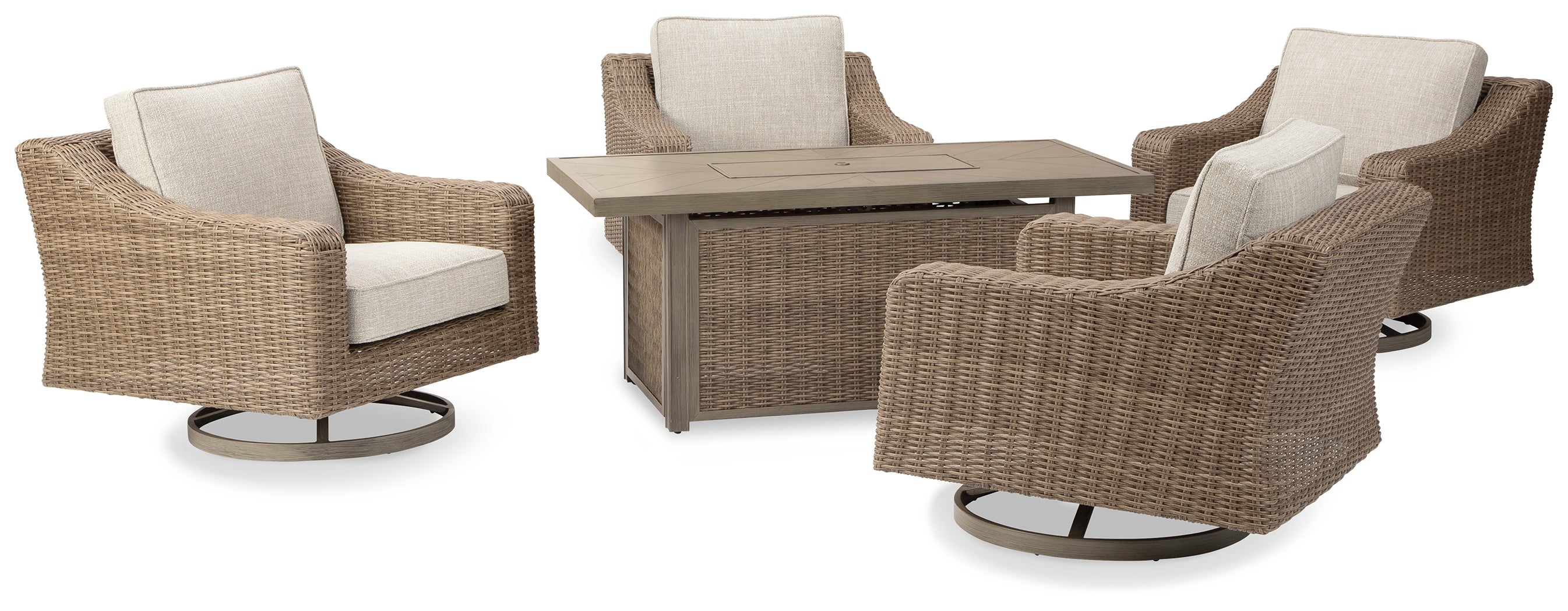 Tampa Furniture Outlet Lutz - Ashley Furniture - Beachcroft Outdoor - 5-Piece Outdoor Fire Pit Table with 4 Chairs / Beige - P791P17