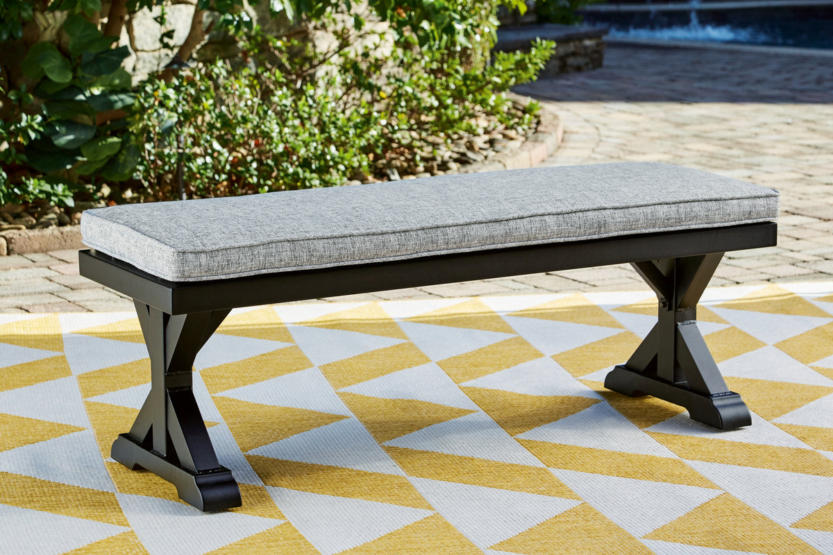 Tampa Furniture Outlet Lutz - Ashley Furniture - Beachcroft Outdoor - Bench with Cushion / Black/Light Gray - P792-600