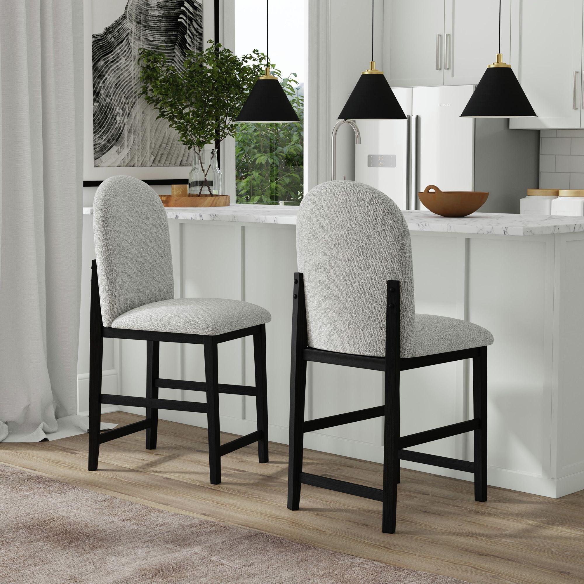 Portland Round Back Barstool with Grey Fabric in Black (2 Per Carton) – SKU D-1710-8-BST2 | Elements