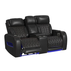 Prime Time P3 Loveseat with LED, wireless charger pocket, and Console in Jett Black with Red Stitching