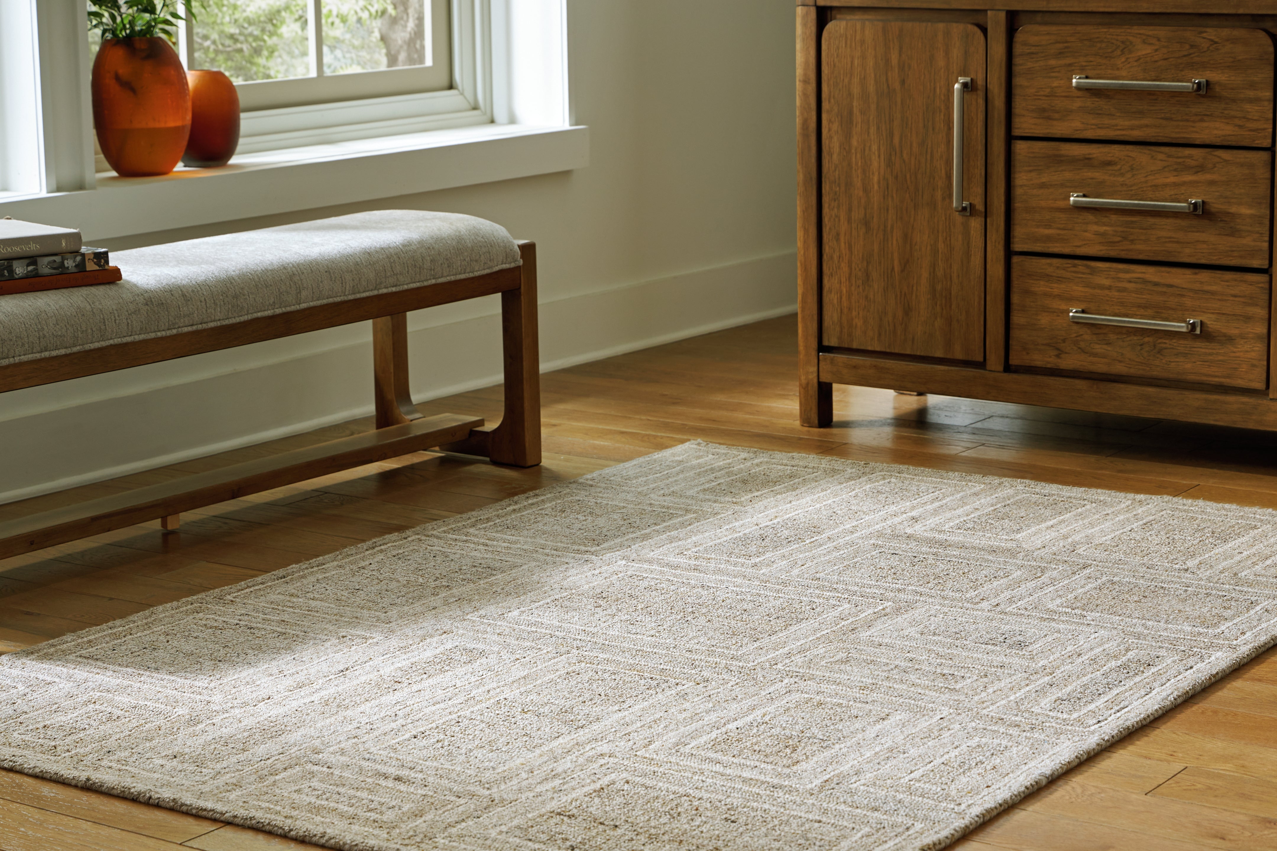 Tampa Furniture Outlet Lutz - Ashley Furniture - Brickburgh Rug - 5' x 7' Rug / Gray/Ivory/Honey - R406902