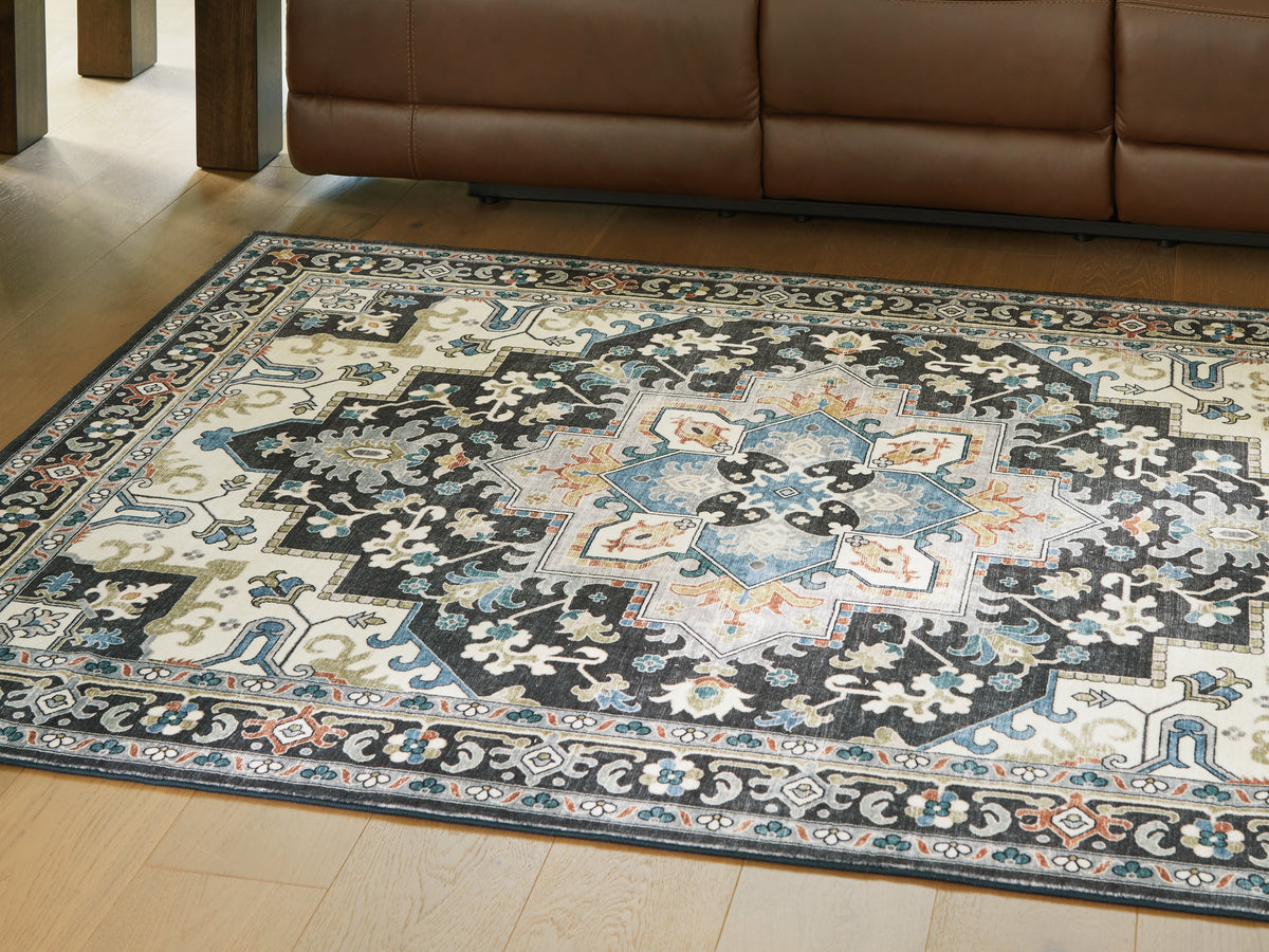 Tampa Furniture Outlet Lutz - Ashley Furniture - Leningston Rug - 8' x 10' Washable Rug / Black/Cream/Blue - R407061